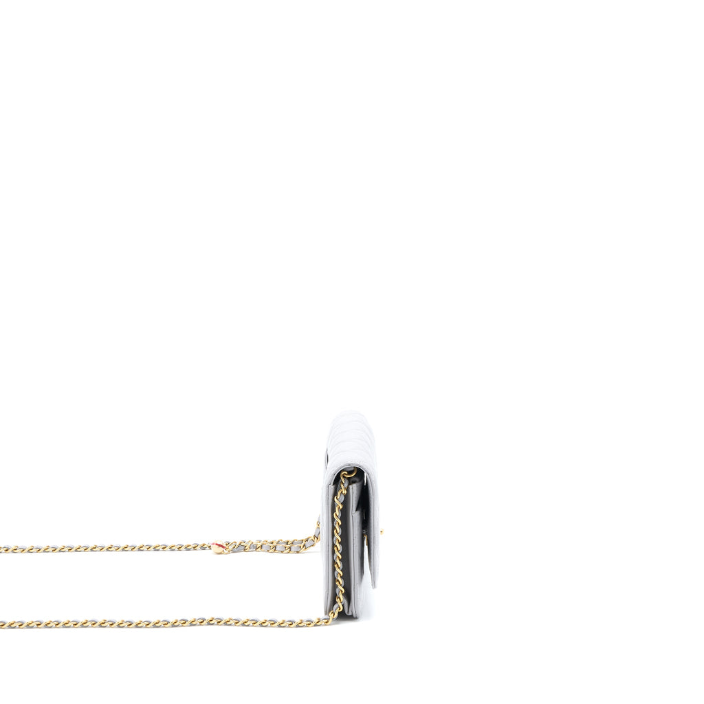 CHANEL PEARL CRUSH WALLET ON CHAIN LAMBSKIN LIGHT GREY GHW (MICROCHIP)