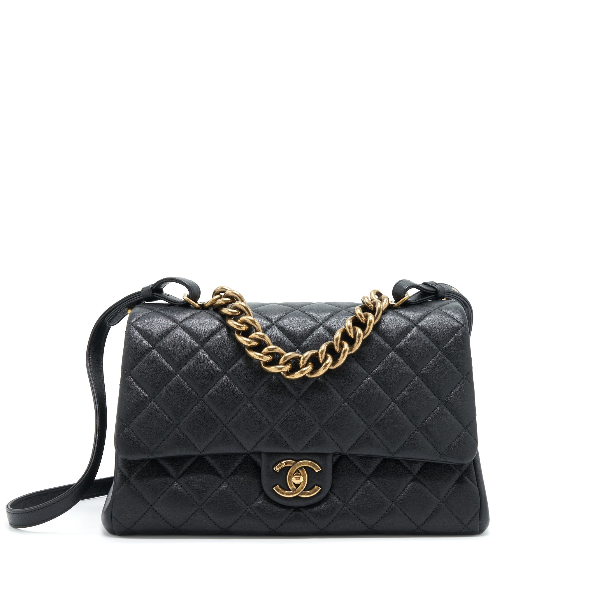 CHANEL LARGE FLAP BAG CALFSKIN BLACK RUTHENIUM GOLD HARDWARE