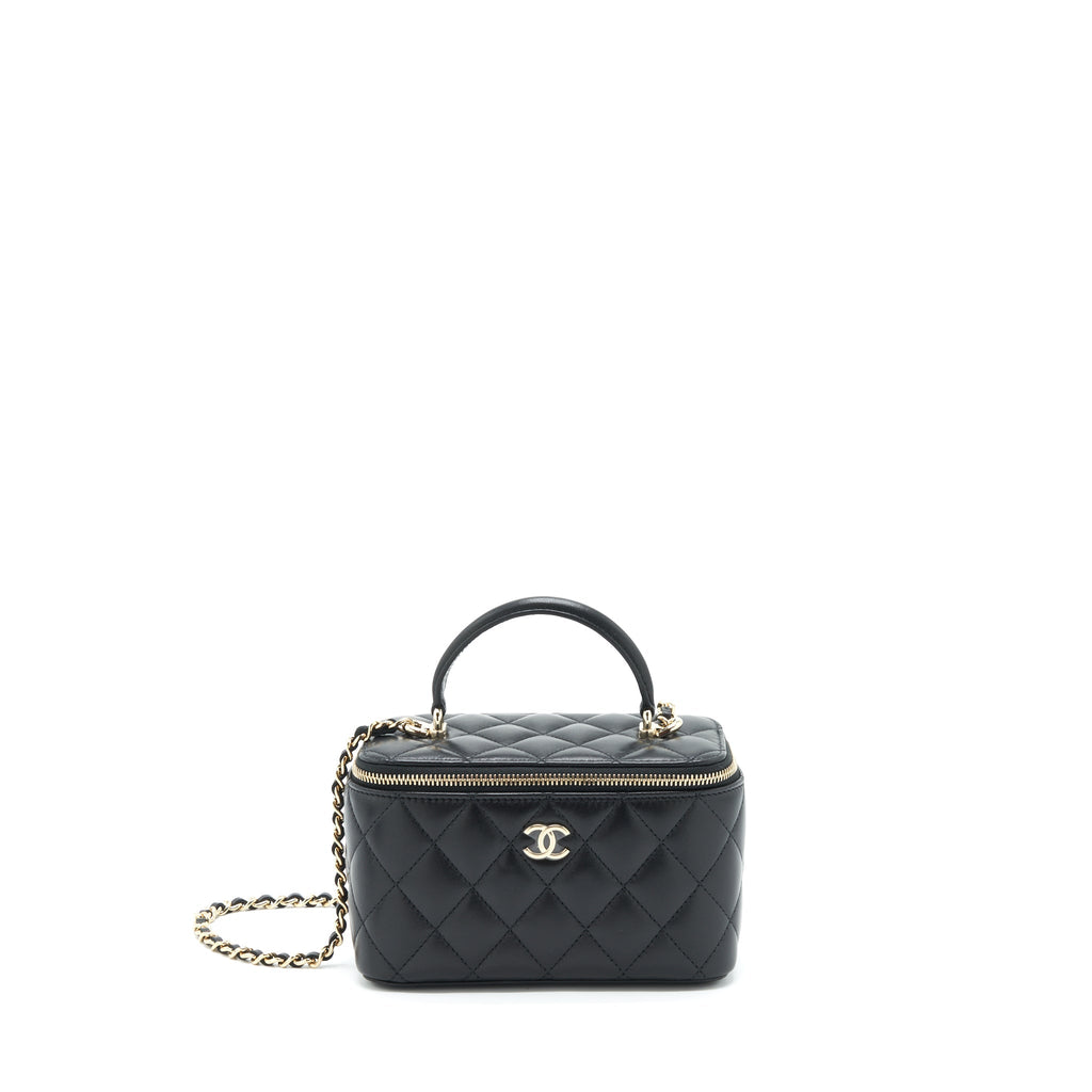 CHANEL 22A MINI TOP HANDLE LONG VANITY WITH CHAIN LAMBSKIN BLACK LGHW (MICROCHIP)