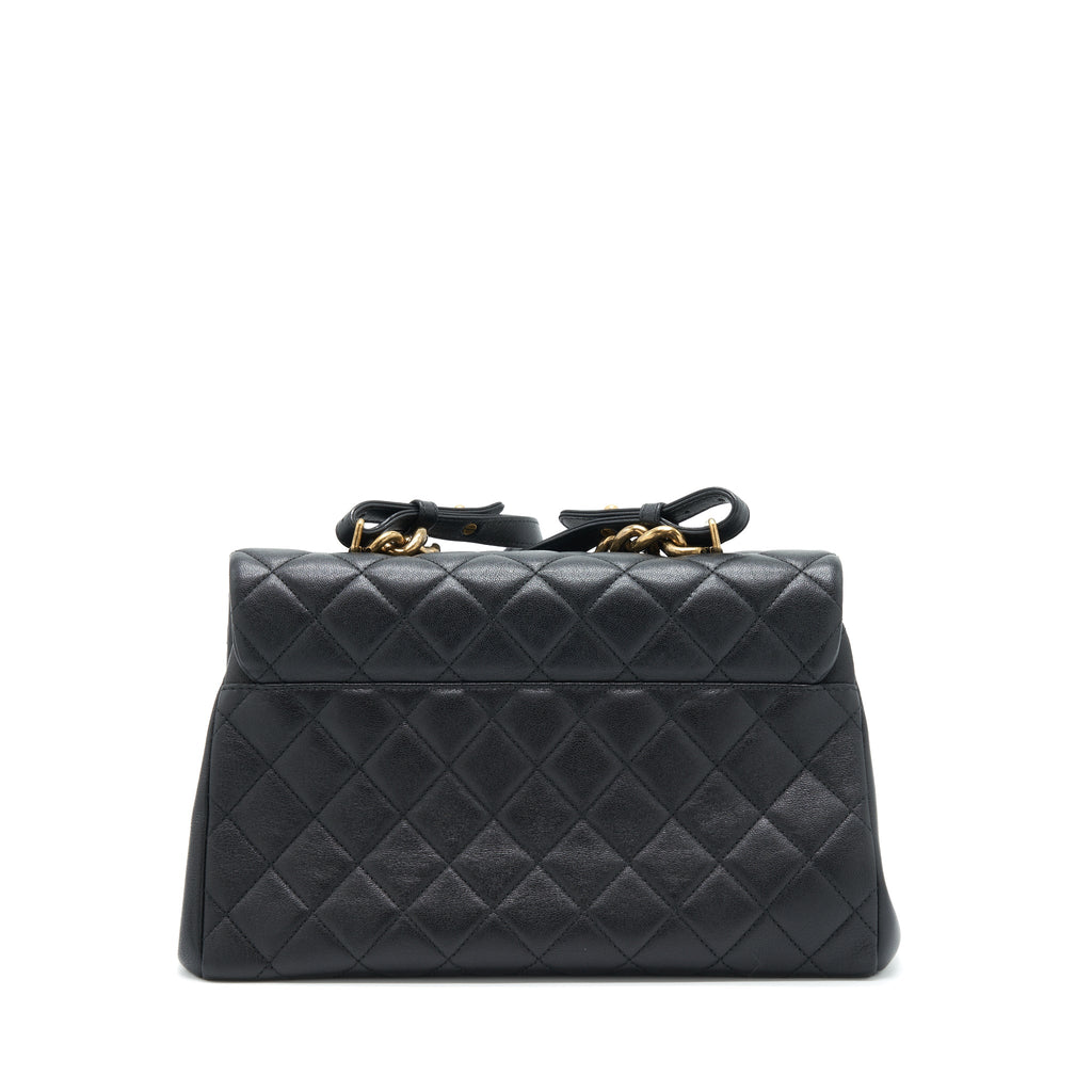 CHANEL LARGE FLAP BAG CALFSKIN BLACK RUTHENIUM GOLD HARDWARE