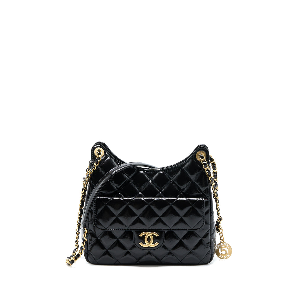 CHANEL 23C HOBO BAG SHINY CALFSKIN BLACK BRUSHED GHW(MICROCHIP)