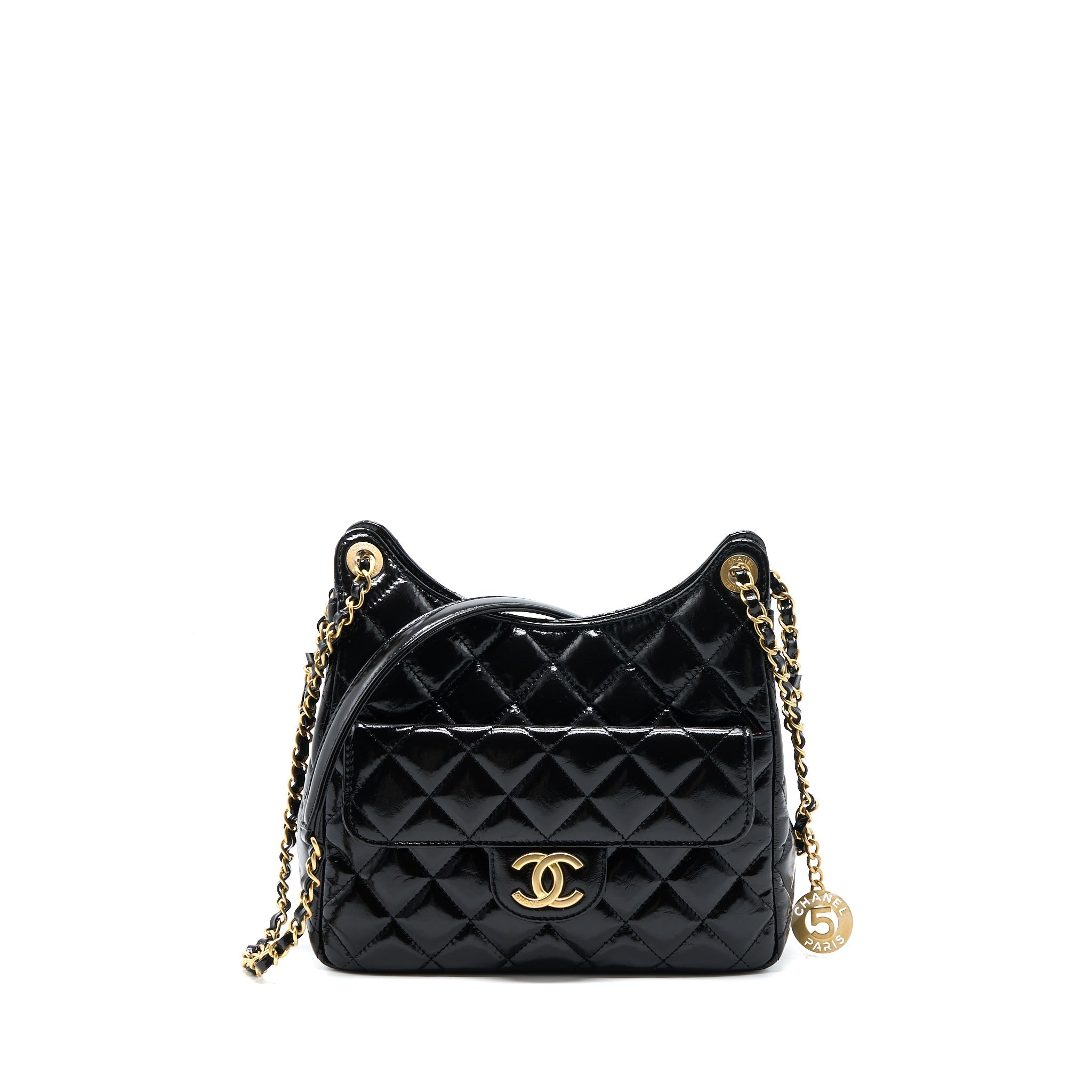 CHANEL 23C HOBO BAG SHINY CALFSKIN BLACK BRUSHED GHW(MICROCHIP)