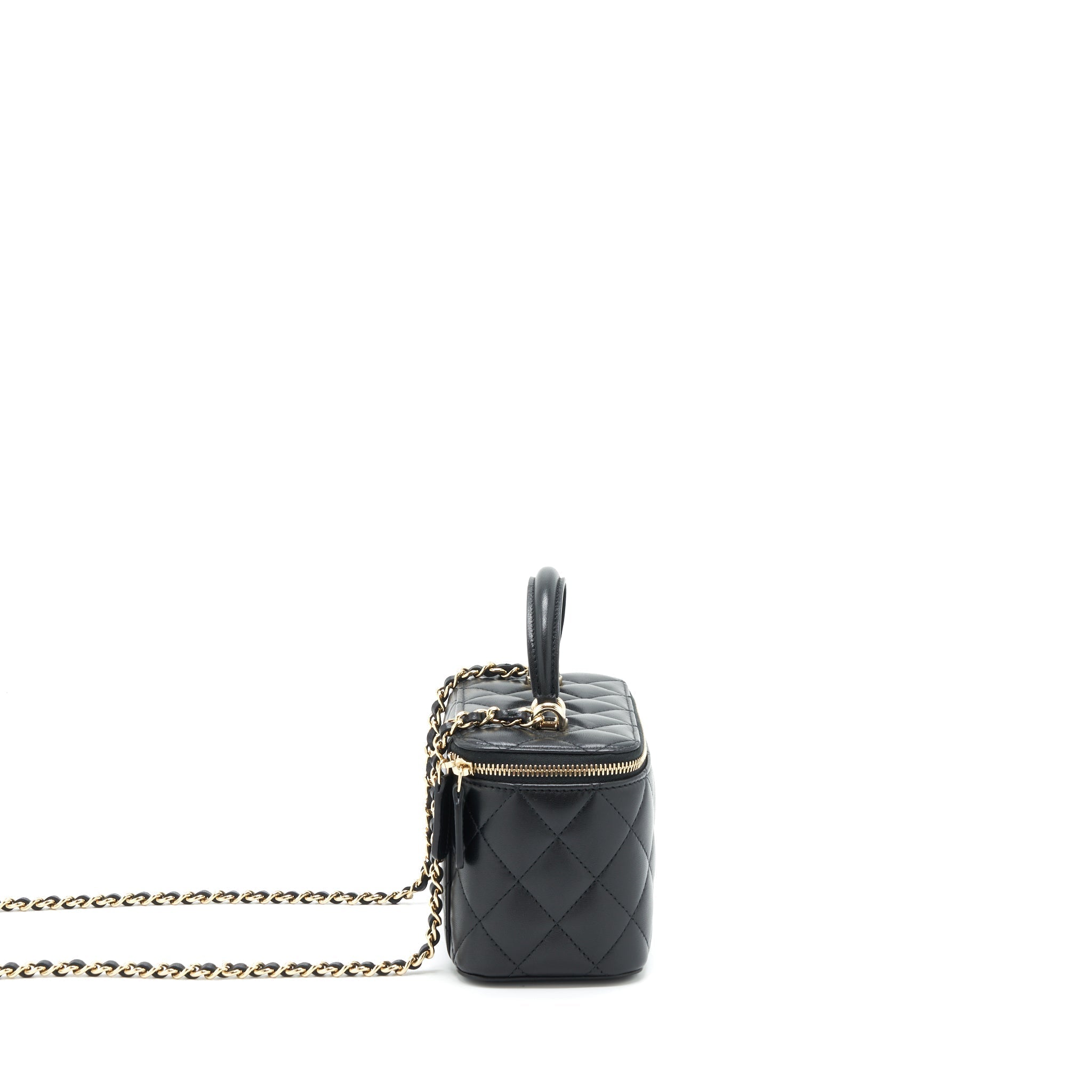 CHANEL 22A MINI TOP HANDLE LONG VANITY WITH CHAIN LAMBSKIN BLACK LGHW (MICROCHIP)