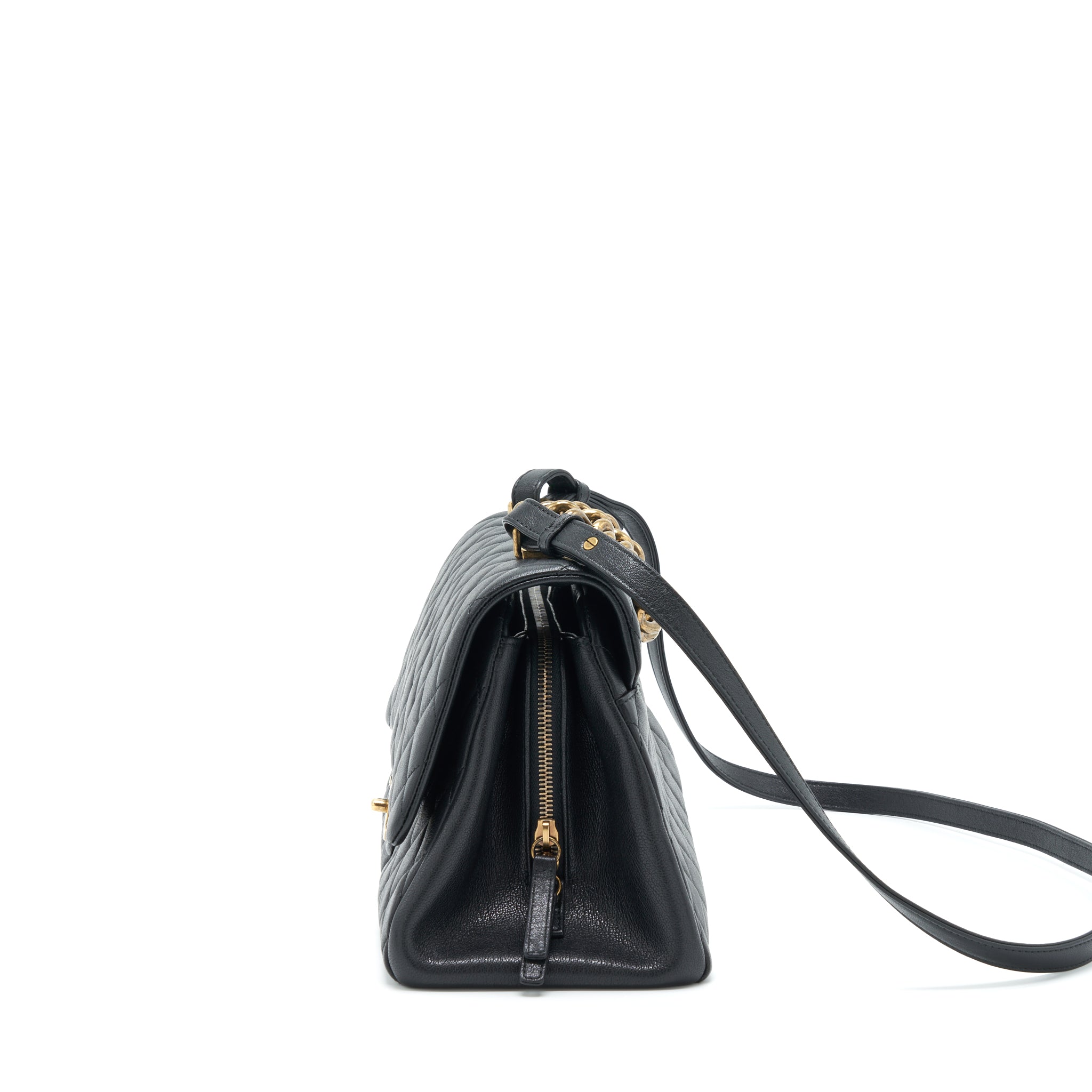 CHANEL LARGE FLAP BAG CALFSKIN BLACK RUTHENIUM GOLD HARDWARE