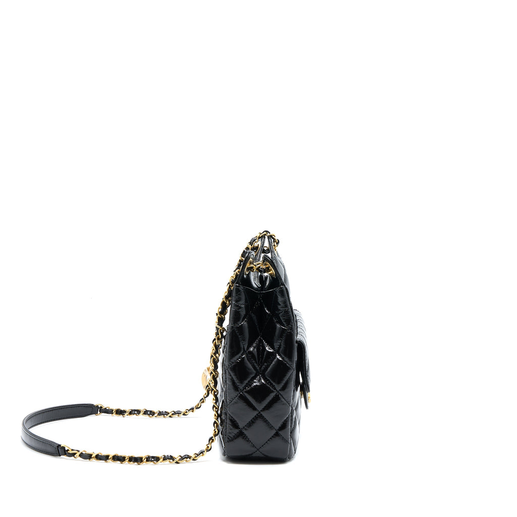 CHANEL 23C HOBO BAG SHINY CALFSKIN BLACK BRUSHED GHW(MICROCHIP)