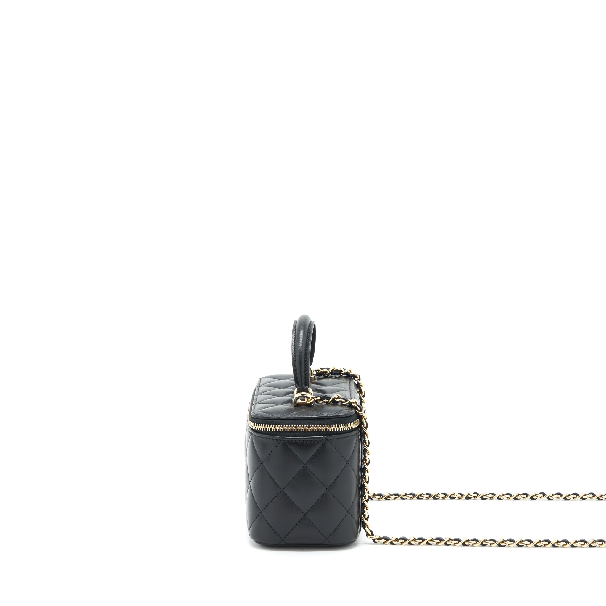 CHANEL 22A MINI TOP HANDLE LONG VANITY WITH CHAIN LAMBSKIN BLACK LGHW (MICROCHIP)