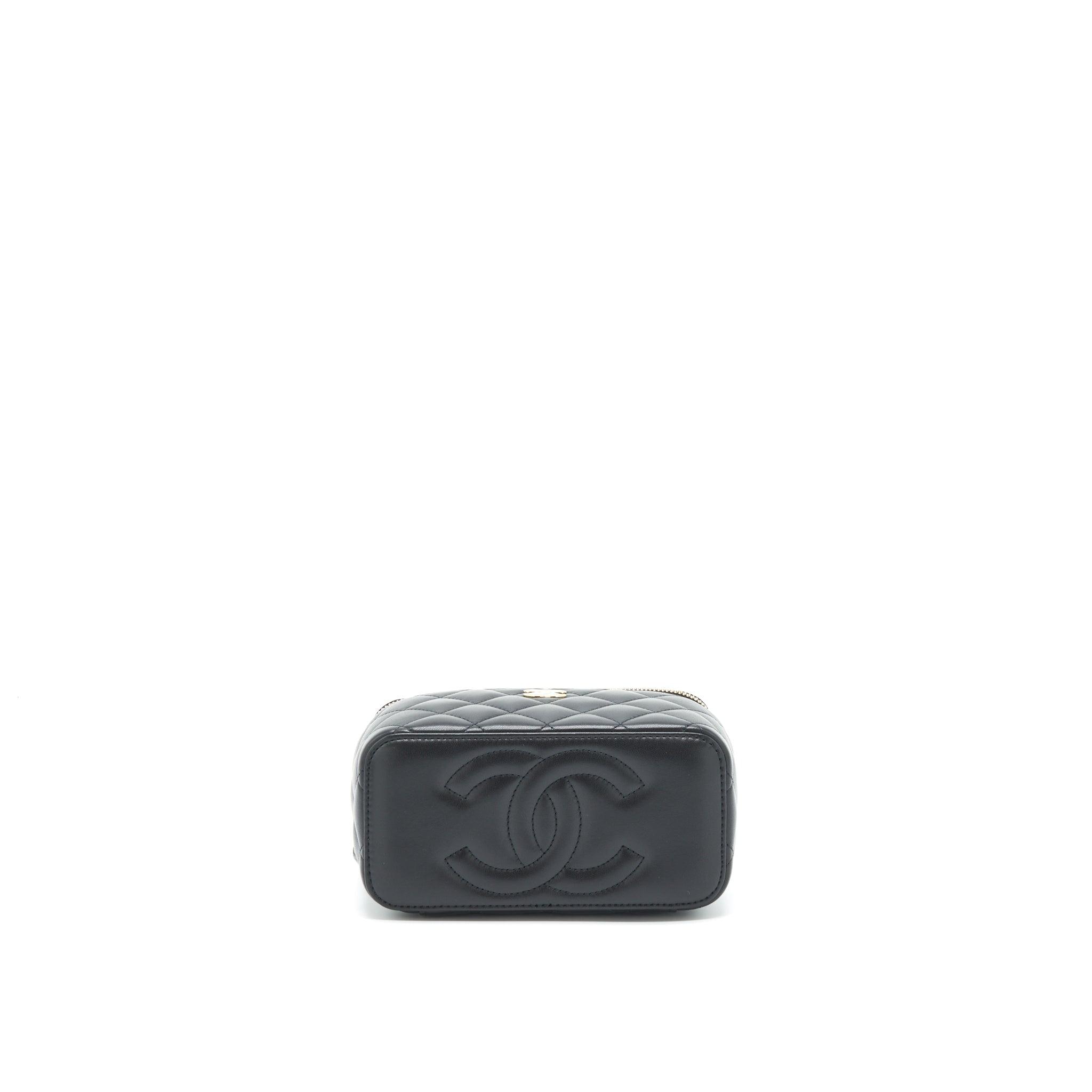 CHANEL 22A MINI TOP HANDLE LONG VANITY WITH CHAIN LAMBSKIN BLACK LGHW (MICROCHIP)