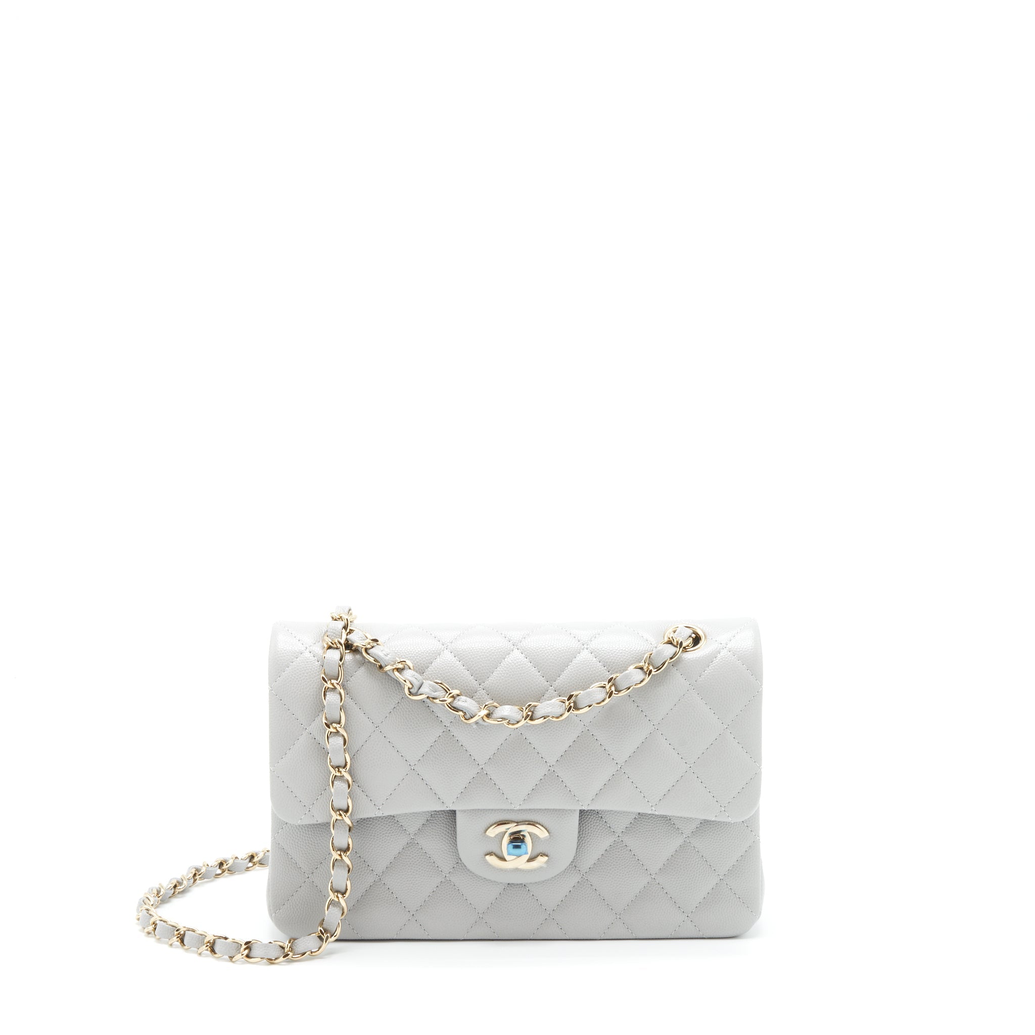 CHANEL 21A SMALL CLASSIC DOUBLE FLAP BAG CAVIAR NC634 LIGHT GREY LGHW