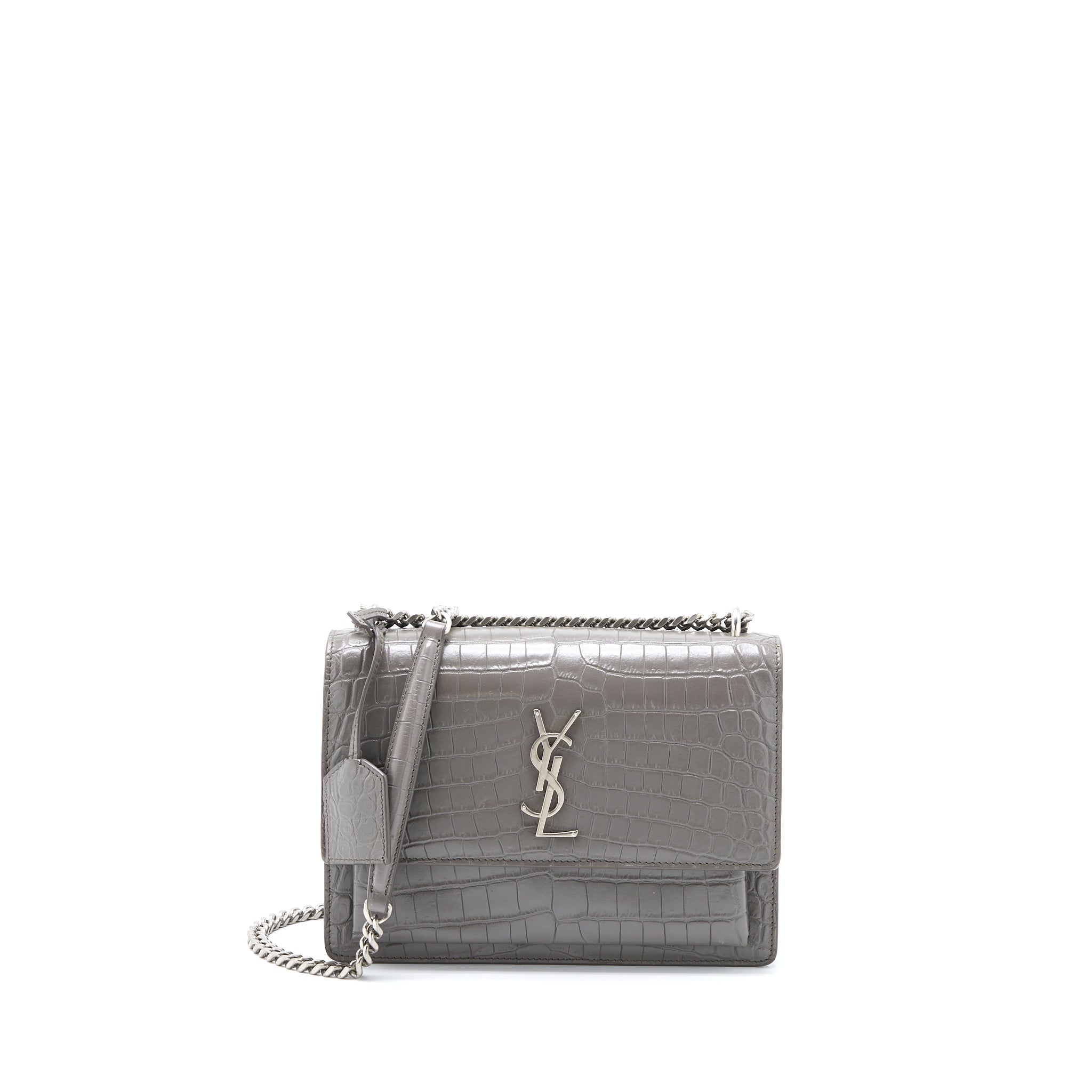 SAINT LAURENT MEDIUM SUNSET CHAIN BAG CROC EMBOSSED CALFSKIN GREY SHW