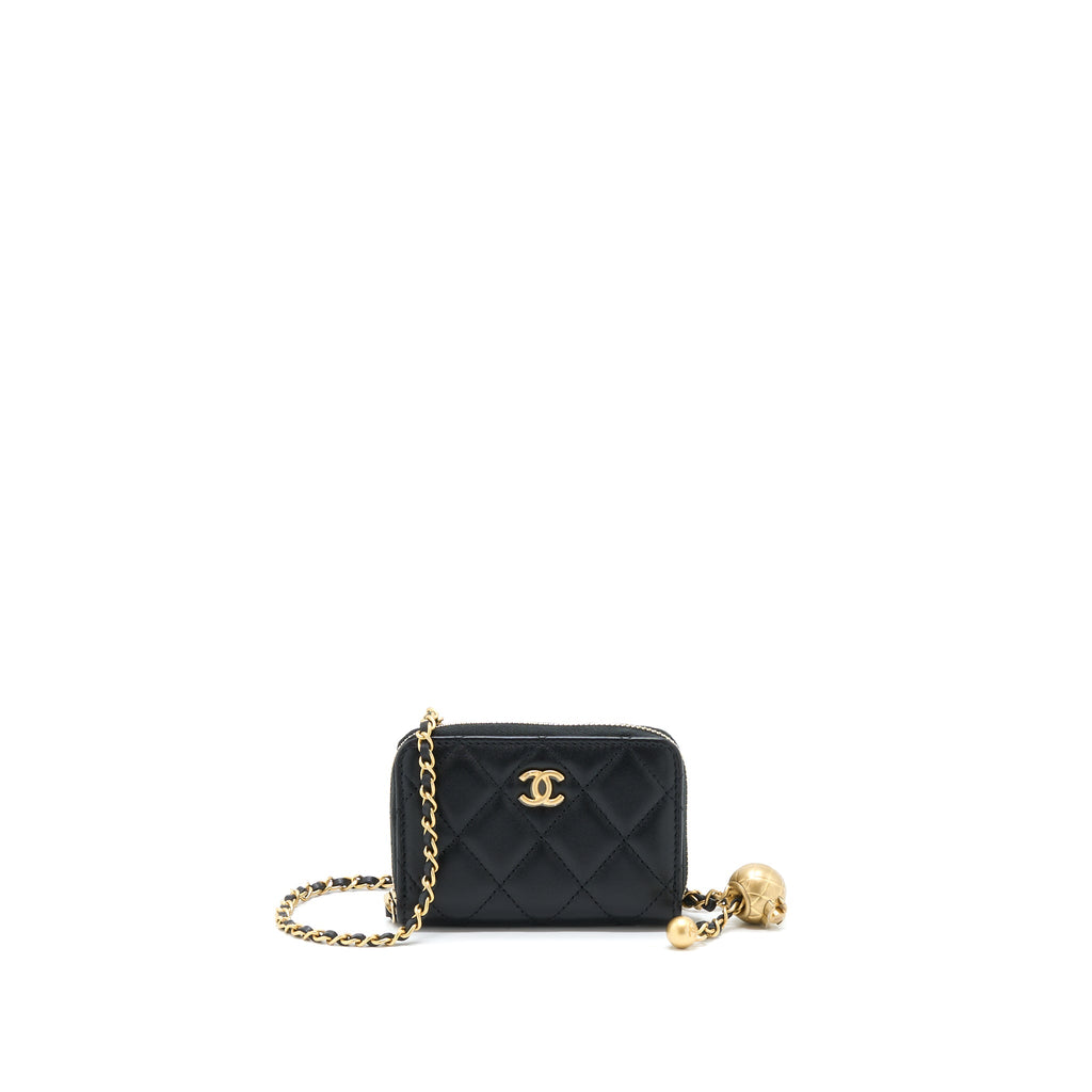 CHANEL 22C PEARL CRUSH CARD HOLDER WITH CHAIN LAMBSKIN BLACK GHW
