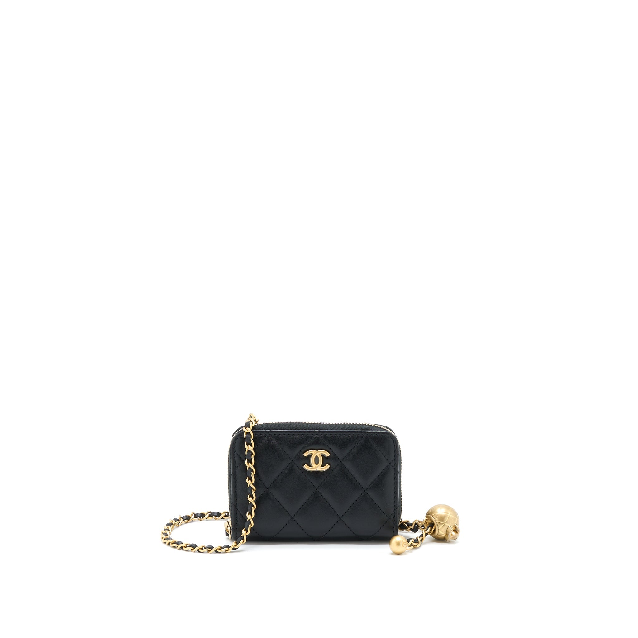 CHANEL 22C PEARL CRUSH CARD HOLDER WITH CHAIN LAMBSKIN BLACK GHW