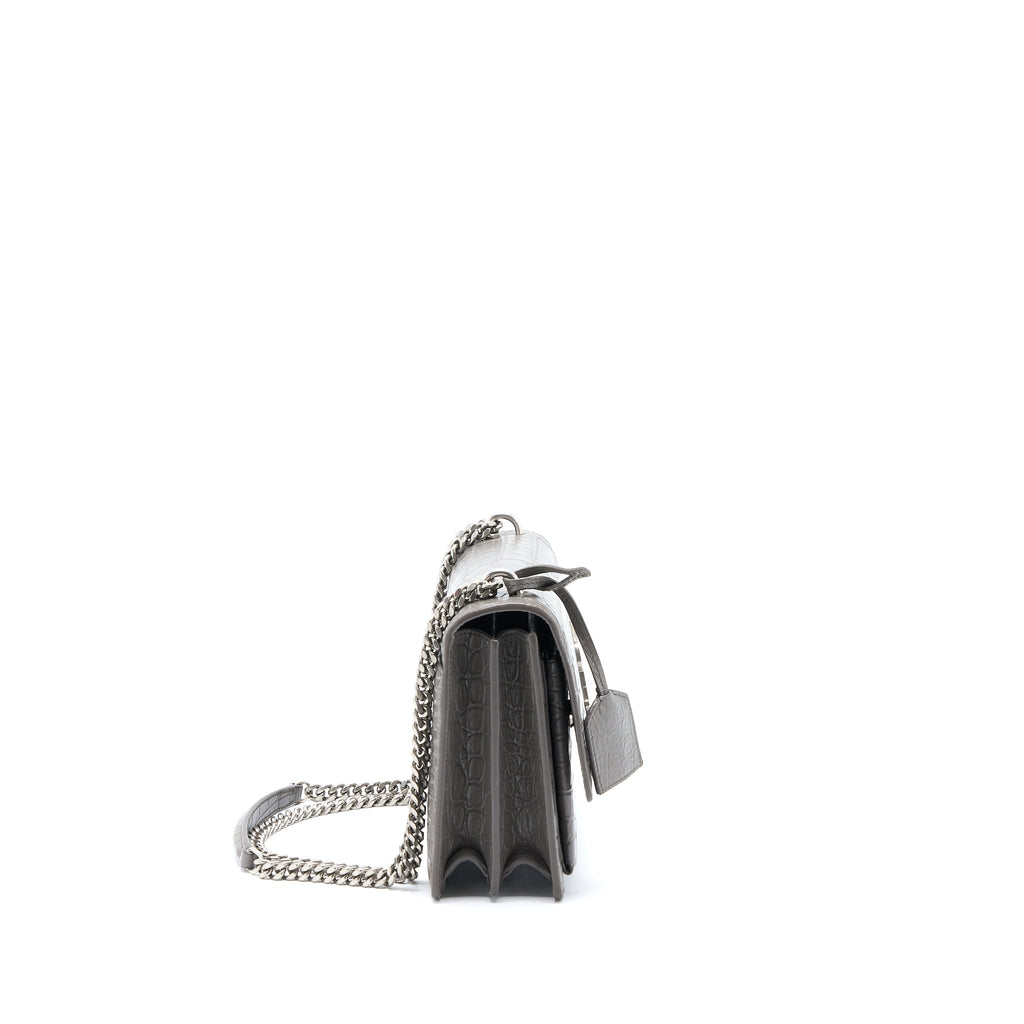 SAINT LAURENT MEDIUM SUNSET CHAIN BAG CROC EMBOSSED CALFSKIN GREY SHW