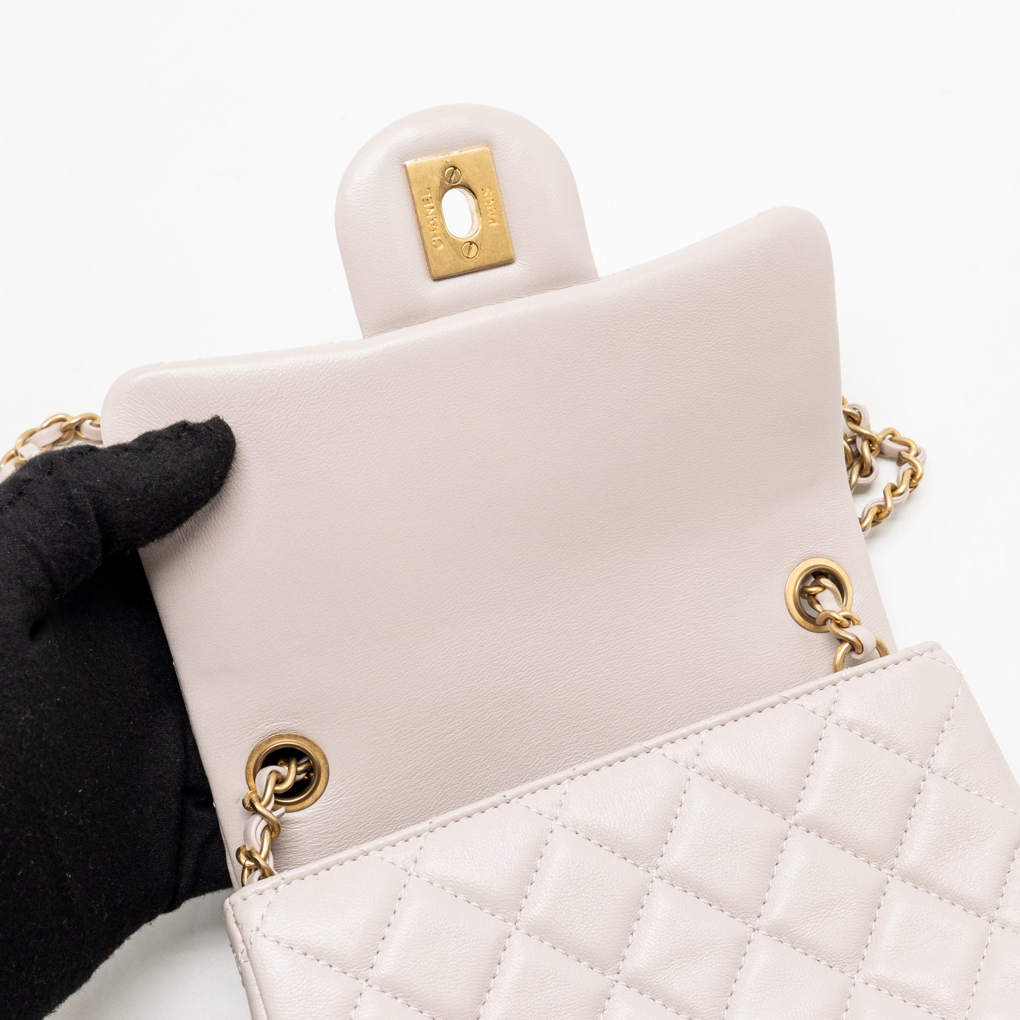 CHANEL PEARL CRUSH MINI SQUARE FLAP BAG LAMBSKIN LIGHT PURPLE GHW (MICROCHIP)