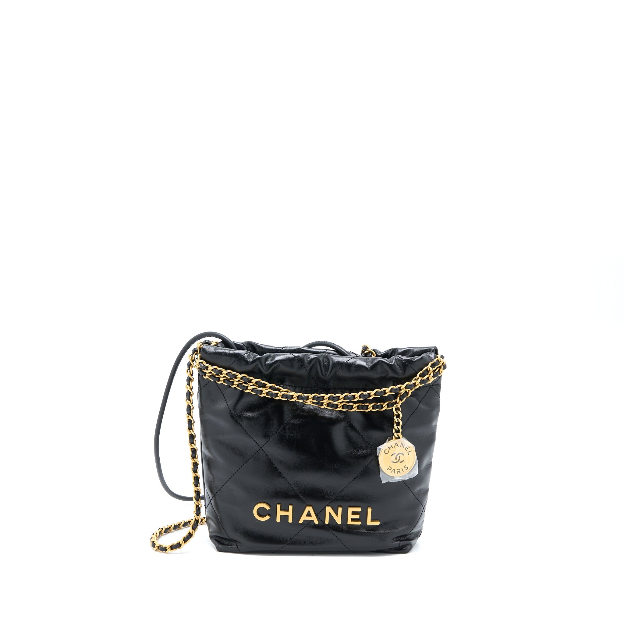 CHANEL MINI 22 BAG SHINY CALFSKIN BLACK BRUSHED GHW (MICROCHIP)