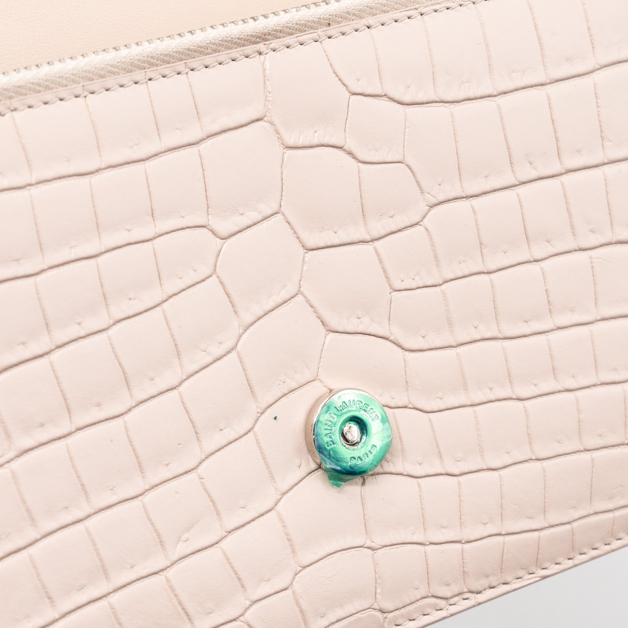 SAINT LAURENT KATE WALLET ON CHAIN CROC EMBOSSED LEATHER LIGHT PINK SHW