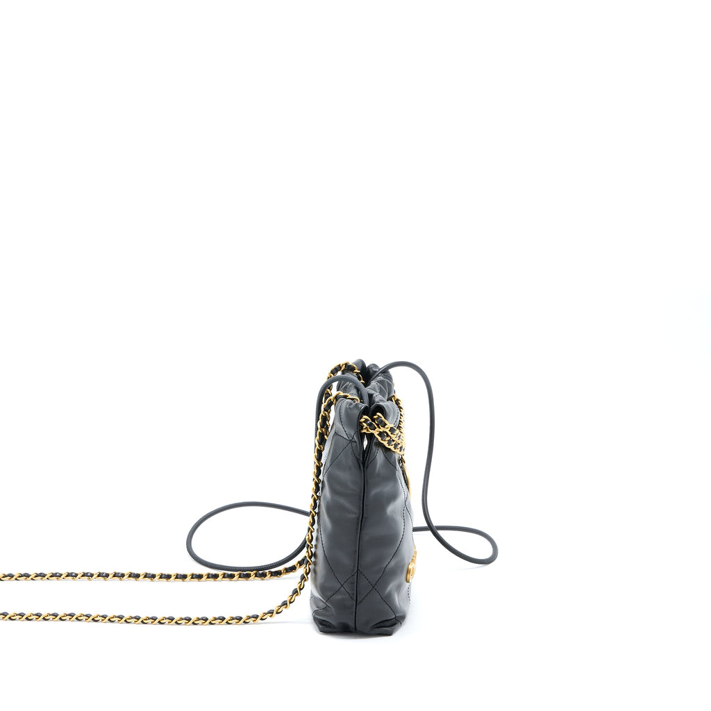 CHANEL MINI 22 BAG SHINY CALFSKIN BLACK BRUSHED GHW (MICROCHIP)