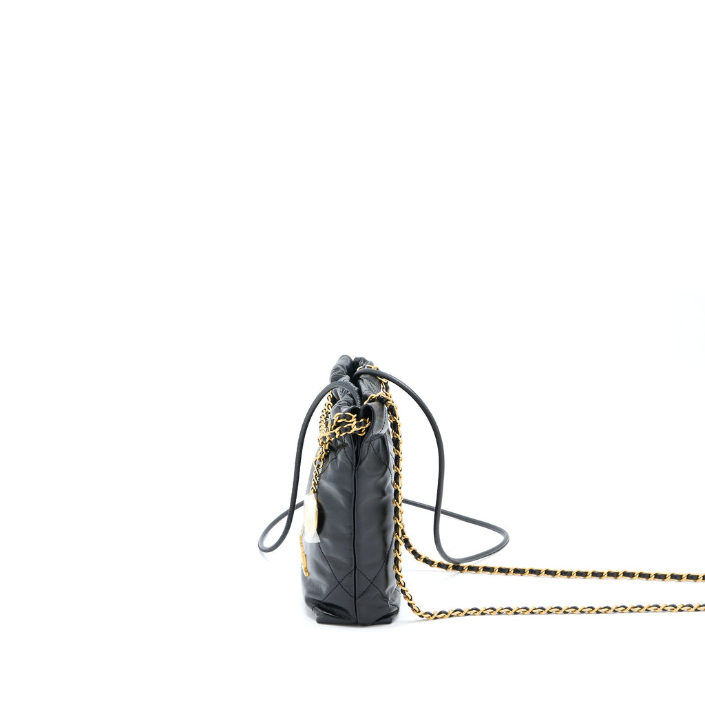 CHANEL MINI 22 BAG SHINY CALFSKIN BLACK BRUSHED GHW (MICROCHIP)