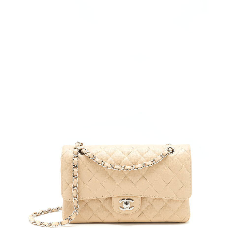 CHANEL MEDIUM CLASSIC DOUBLE FLAP BAG CAVIAR BEIGE SHW