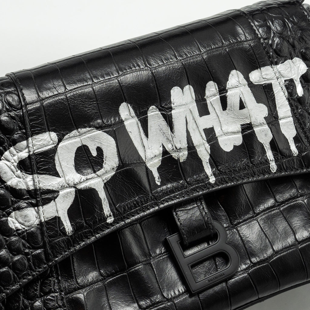 BALENCIAGA LIMITED EDITION DOWNTOWN SMALL SHOULDER BAG CROC-EMBOSSED CALFSKIN BLACK WITH BLACK HARDWARE