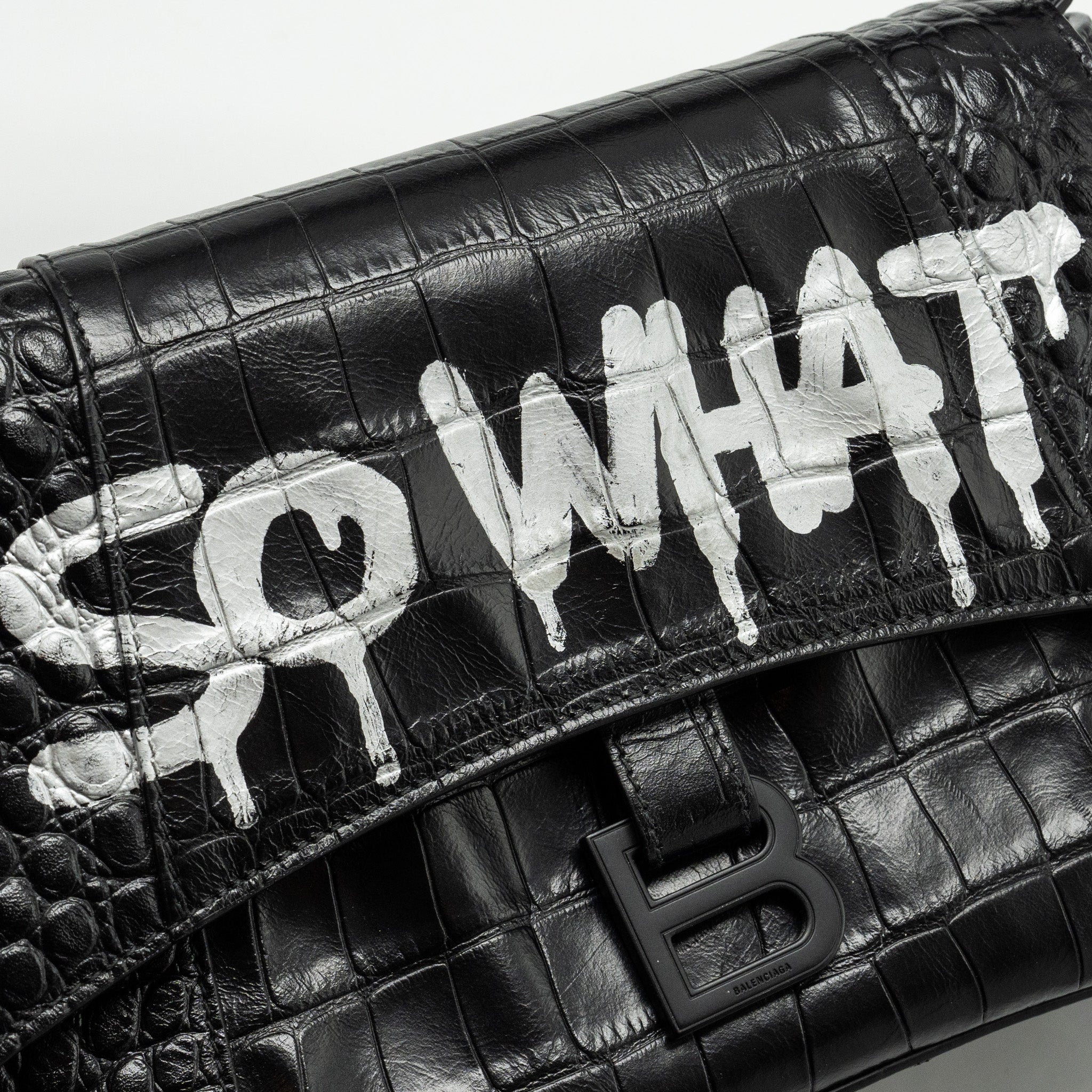 BALENCIAGA LIMITED EDITION DOWNTOWN SMALL SHOULDER BAG CROC-EMBOSSED CALFSKIN BLACK WITH BLACK HARDWARE