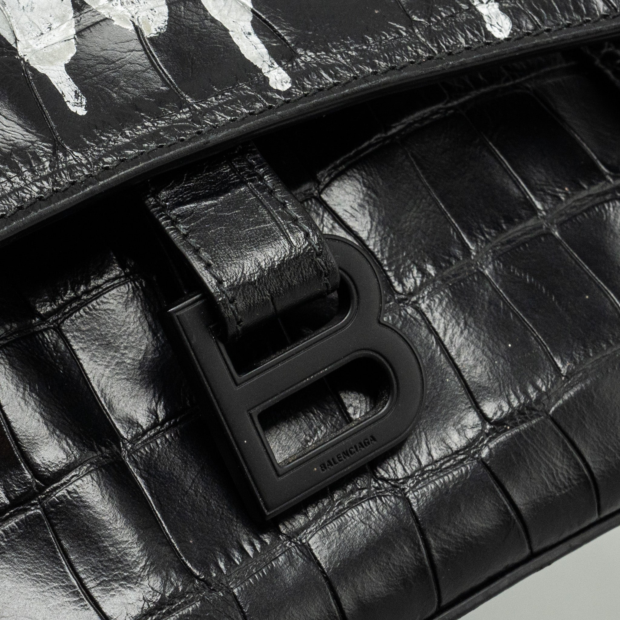 BALENCIAGA LIMITED EDITION DOWNTOWN SMALL SHOULDER BAG CROC-EMBOSSED CALFSKIN BLACK WITH BLACK HARDWARE