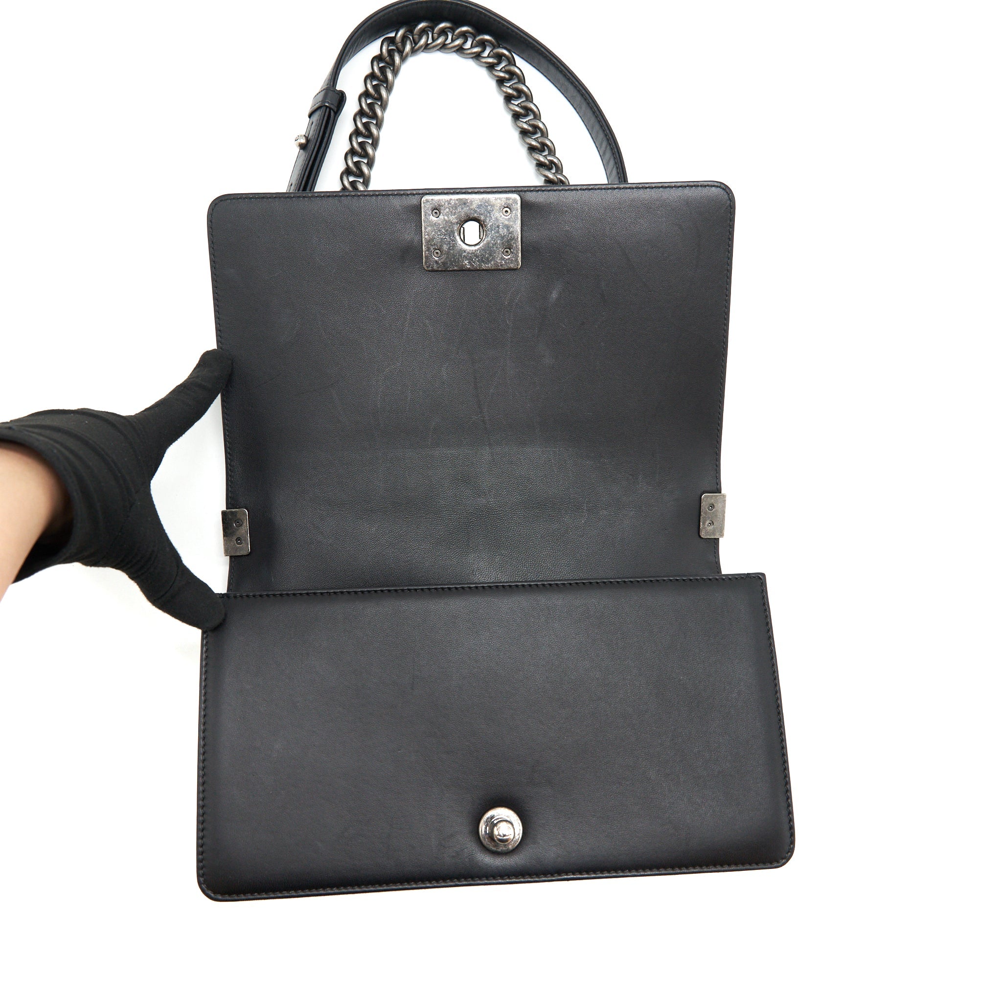 CHANEL MEDIUM BOY BLACK LAMBSKIN RUTHENIUM SHW