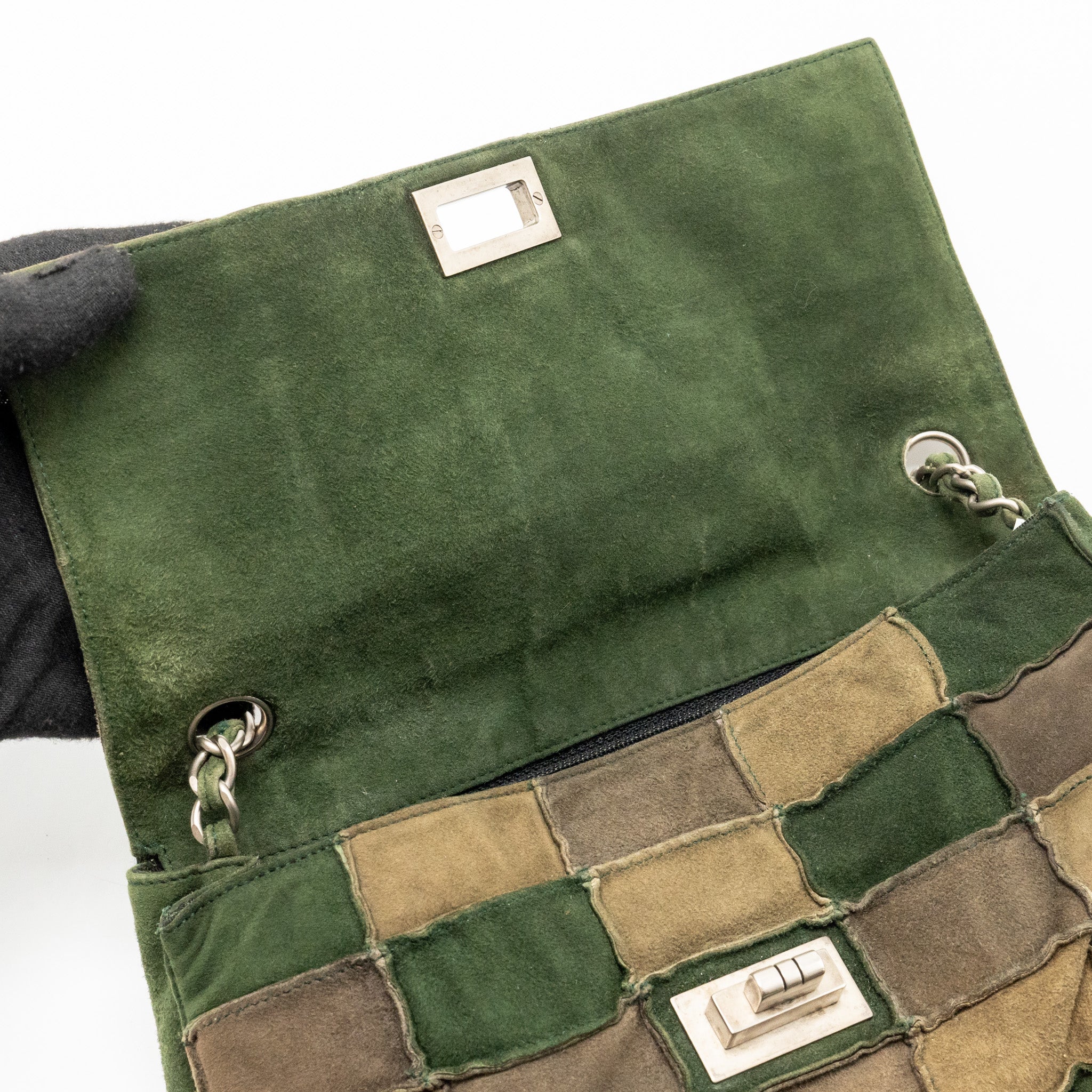 CHANEL 2.55 PATCHWORK SINGLE FLAP BAG SUEDE DARK GREEN SHW