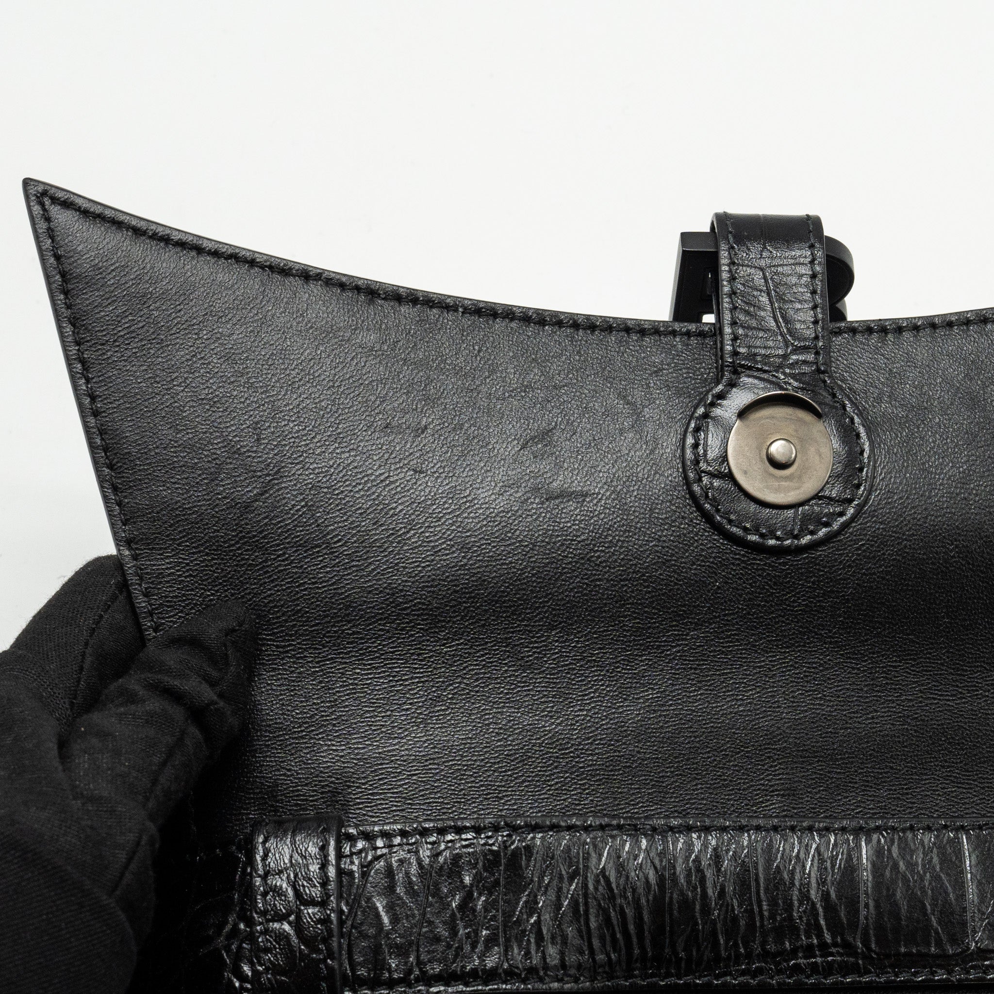 BALENCIAGA LIMITED EDITION DOWNTOWN SMALL SHOULDER BAG CROC-EMBOSSED CALFSKIN BLACK WITH BLACK HARDWARE
