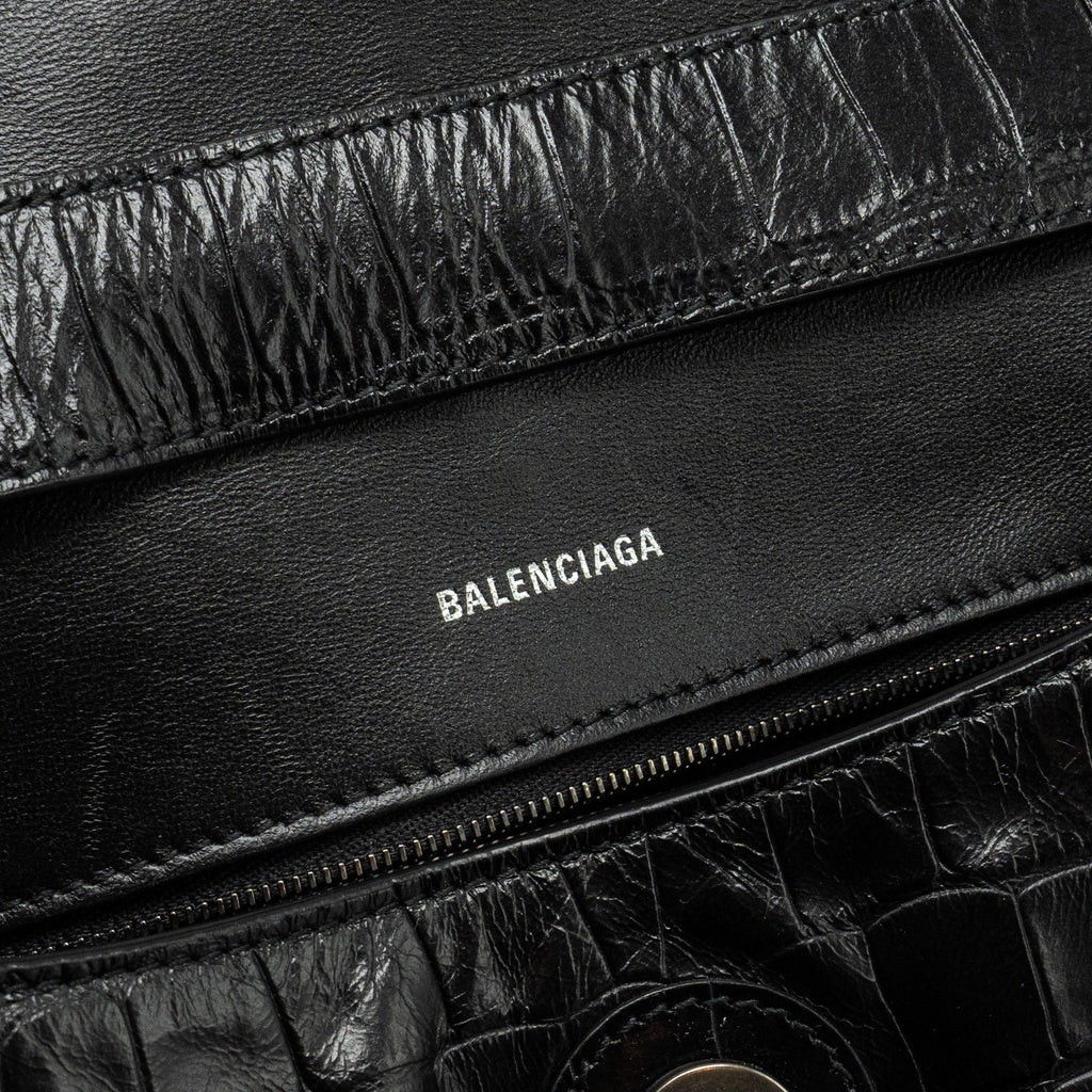 BALENCIAGA LIMITED EDITION DOWNTOWN SMALL SHOULDER BAG CROC-EMBOSSED CALFSKIN BLACK WITH BLACK HARDWARE