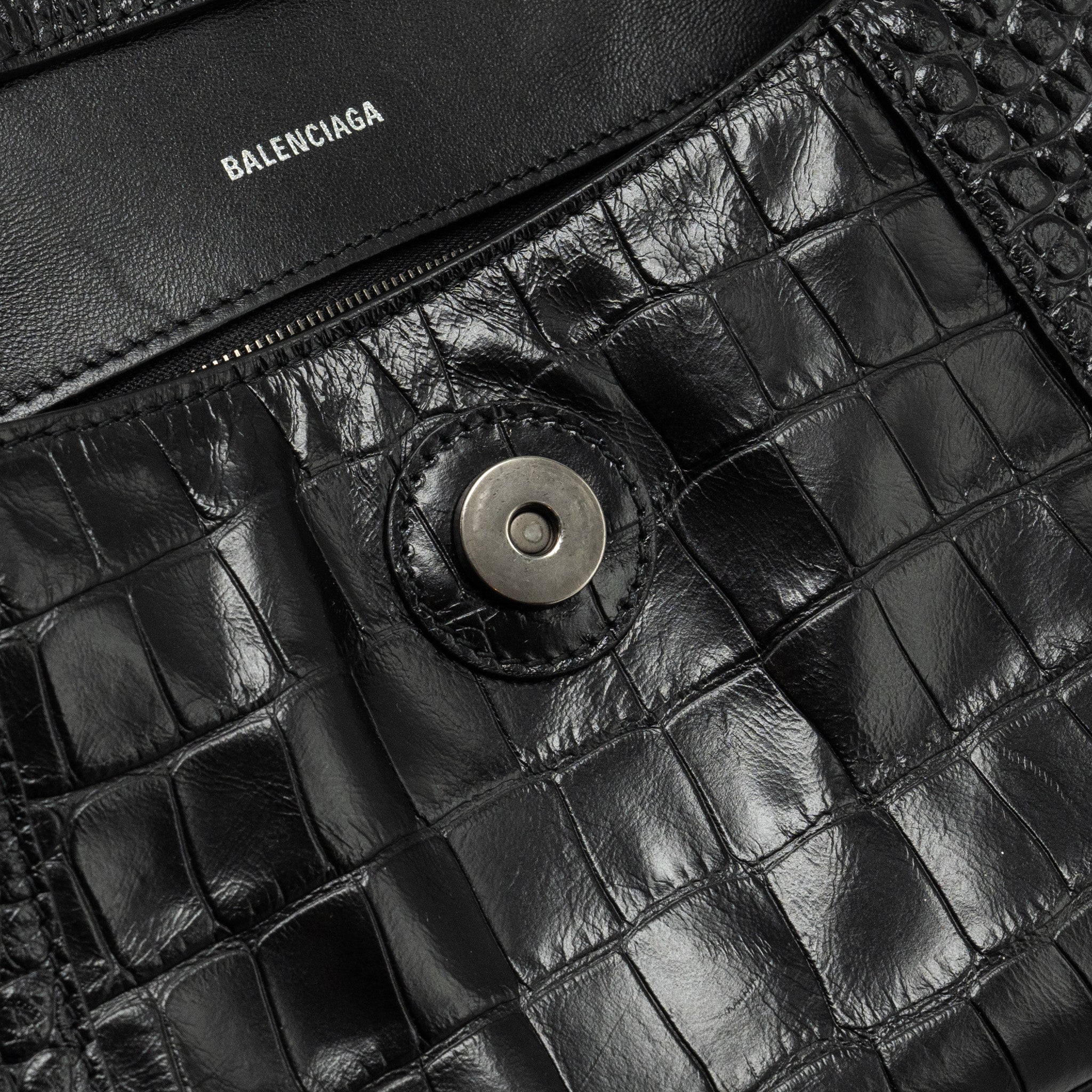 BALENCIAGA LIMITED EDITION DOWNTOWN SMALL SHOULDER BAG CROC-EMBOSSED CALFSKIN BLACK WITH BLACK HARDWARE