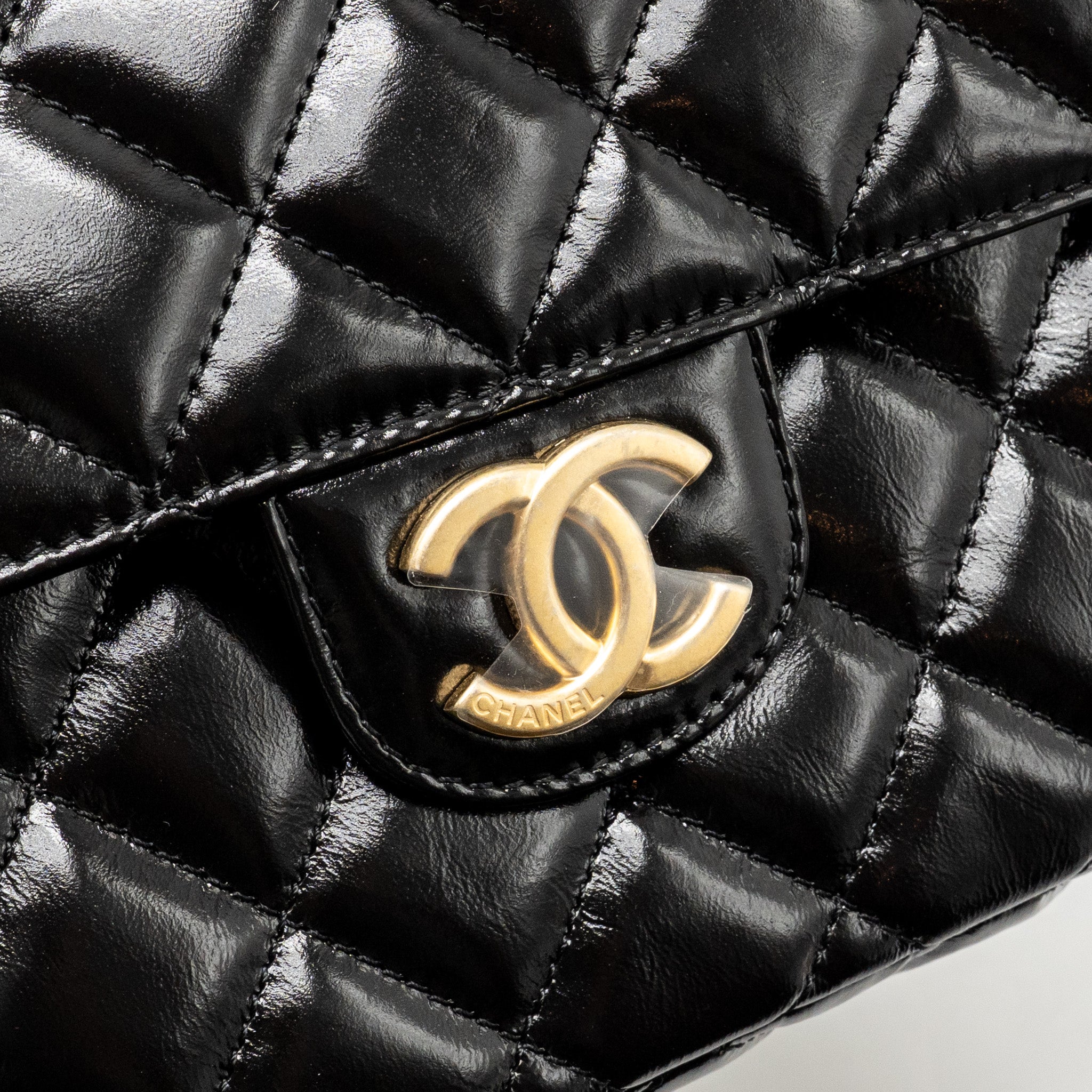 CHANEL HOBO BAG SHINY CALFSKIN BLACK BRUSHED GHW