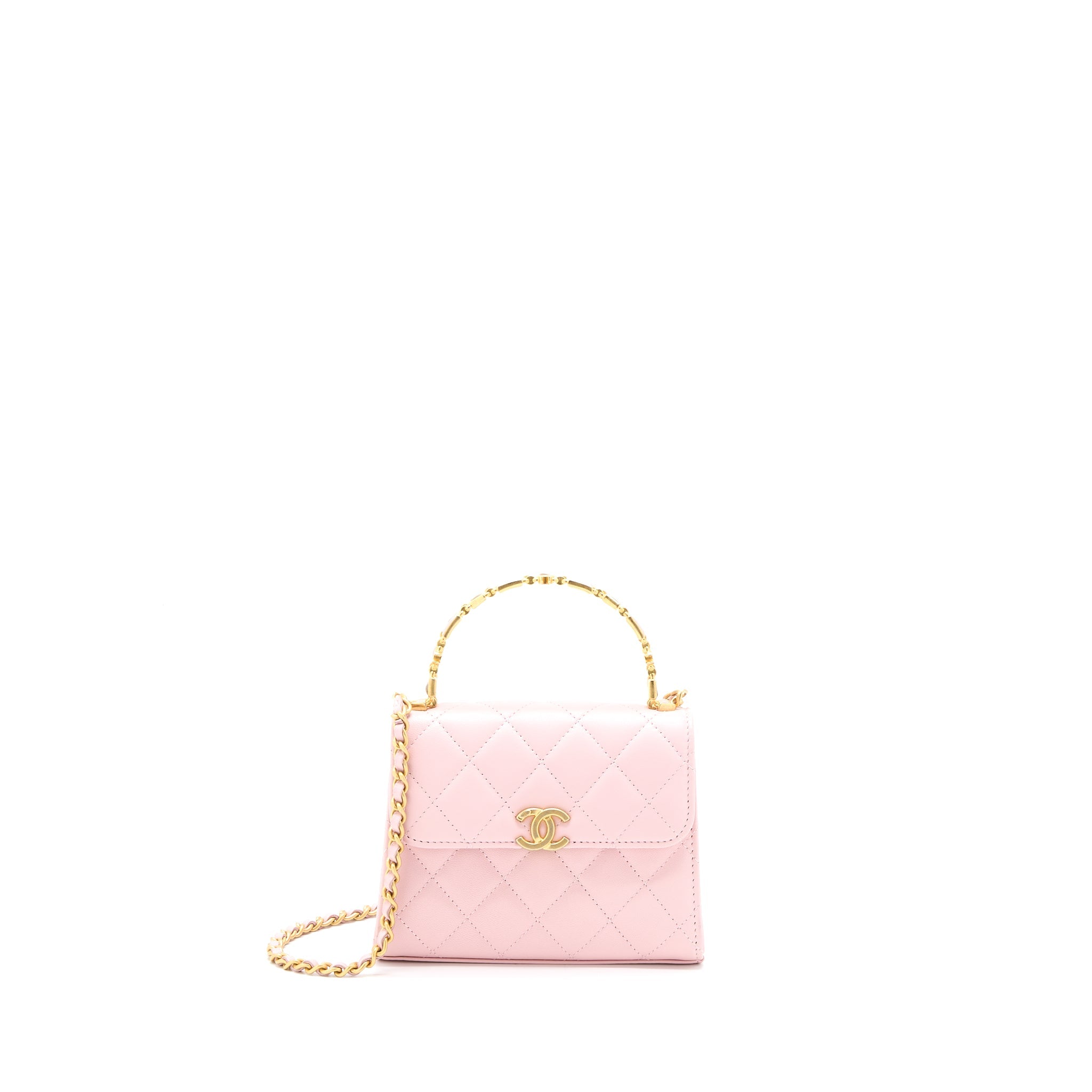 CHANEL 22B MINI FLAP BAG WITH ENAMEL TOP HANDLE LAMBSKIN PINK BRUSHED GHW