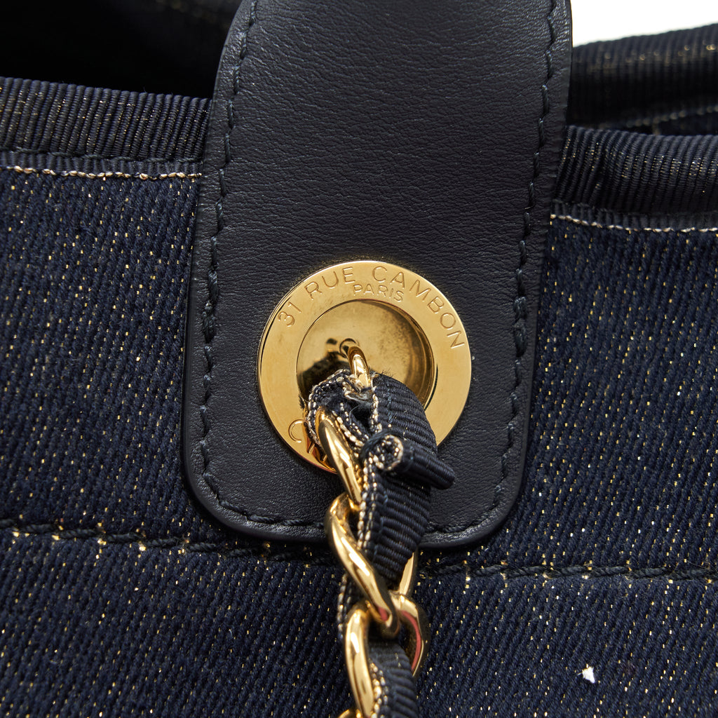 CHANEL DEAUVILLE TOTE BAG DENIM DARK BLUE/GOLD GHW