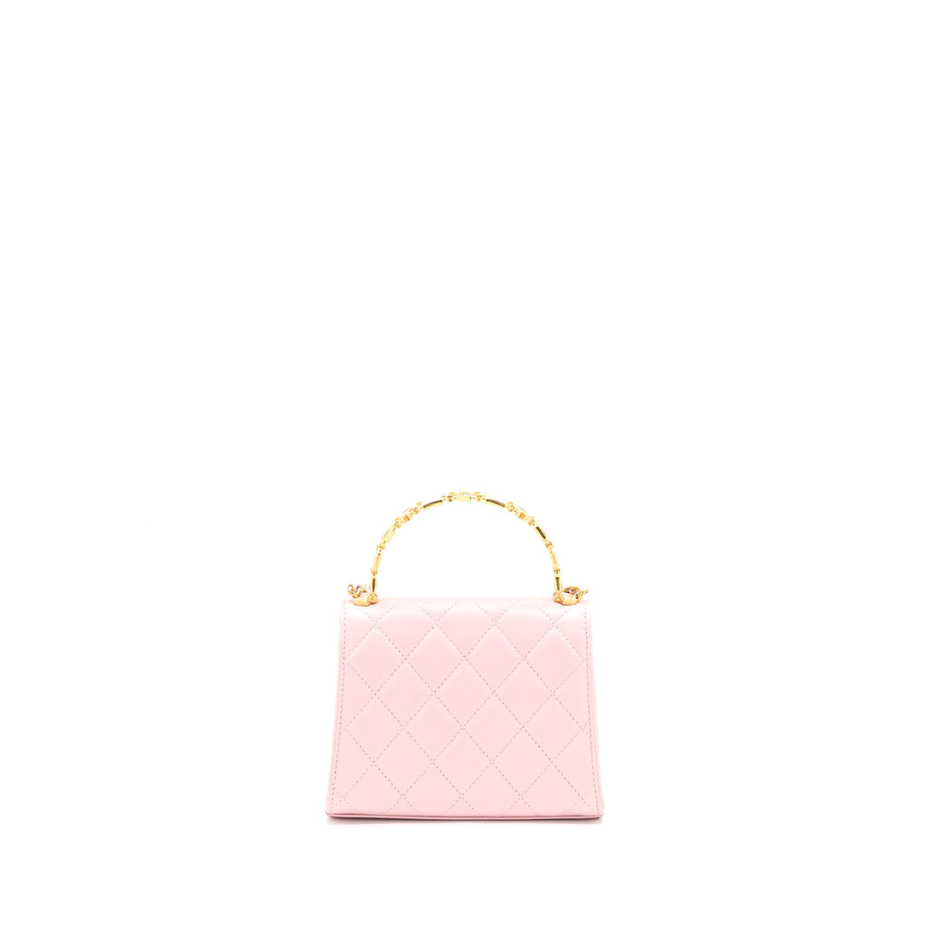 CHANEL 22B MINI FLAP BAG WITH ENAMEL TOP HANDLE LAMBSKIN PINK BRUSHED GHW