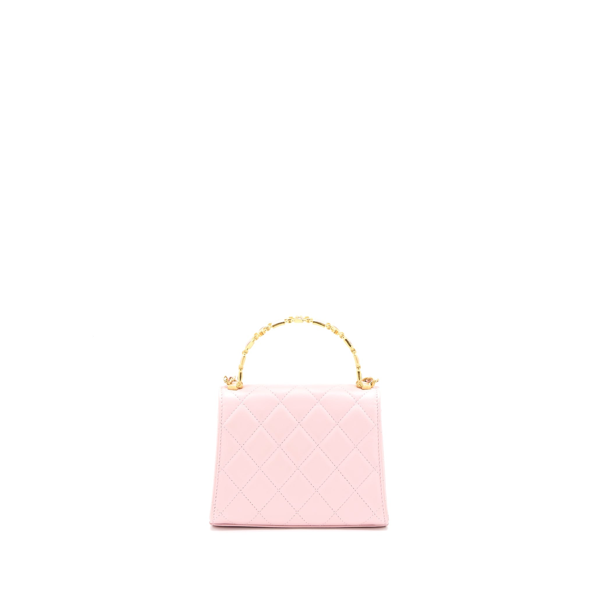 CHANEL 22B MINI FLAP BAG WITH ENAMEL TOP HANDLE LAMBSKIN PINK BRUSHED GHW