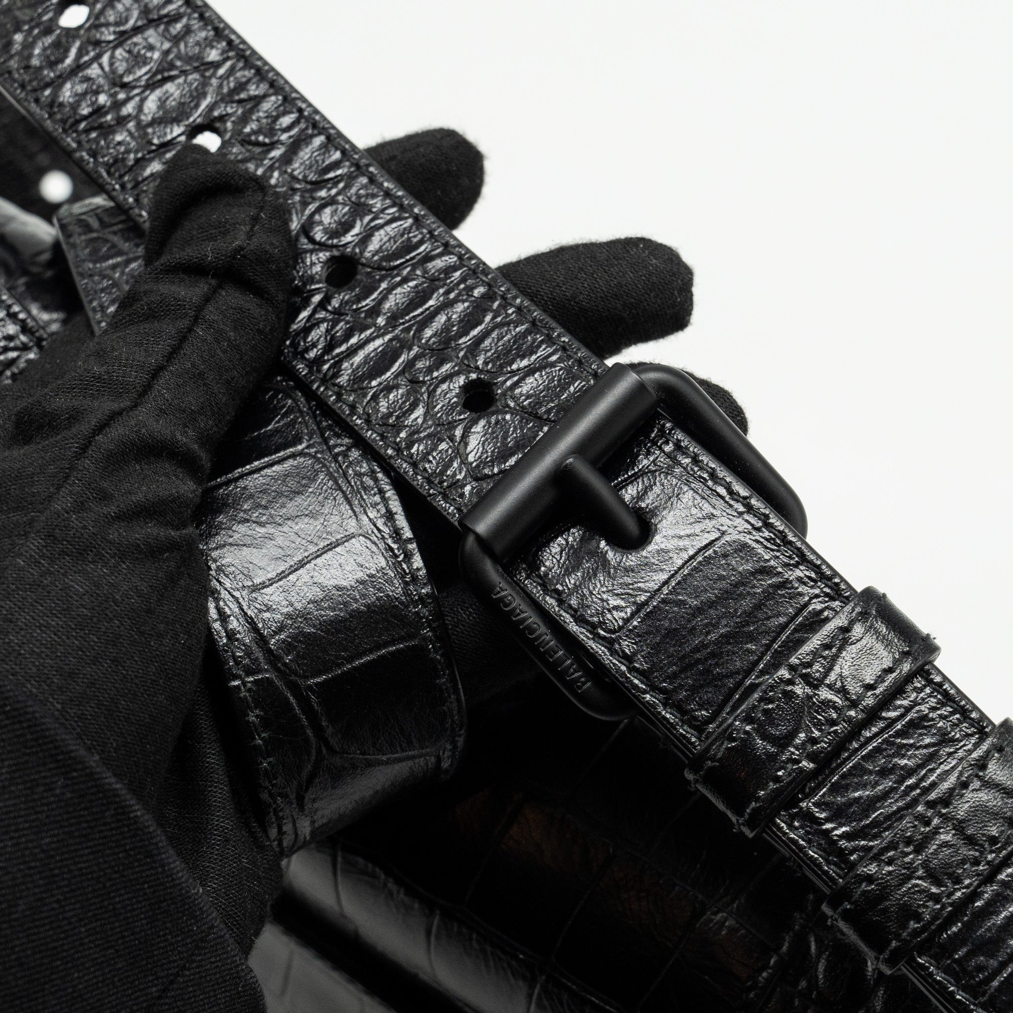 BALENCIAGA LIMITED EDITION DOWNTOWN SMALL SHOULDER BAG CROC-EMBOSSED CALFSKIN BLACK WITH BLACK HARDWARE