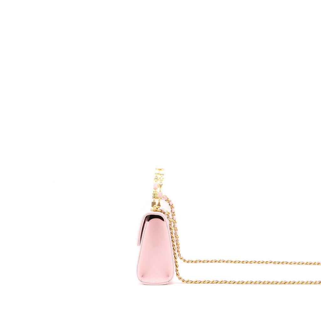 CHANEL 22B MINI FLAP BAG WITH ENAMEL TOP HANDLE LAMBSKIN PINK BRUSHED GHW