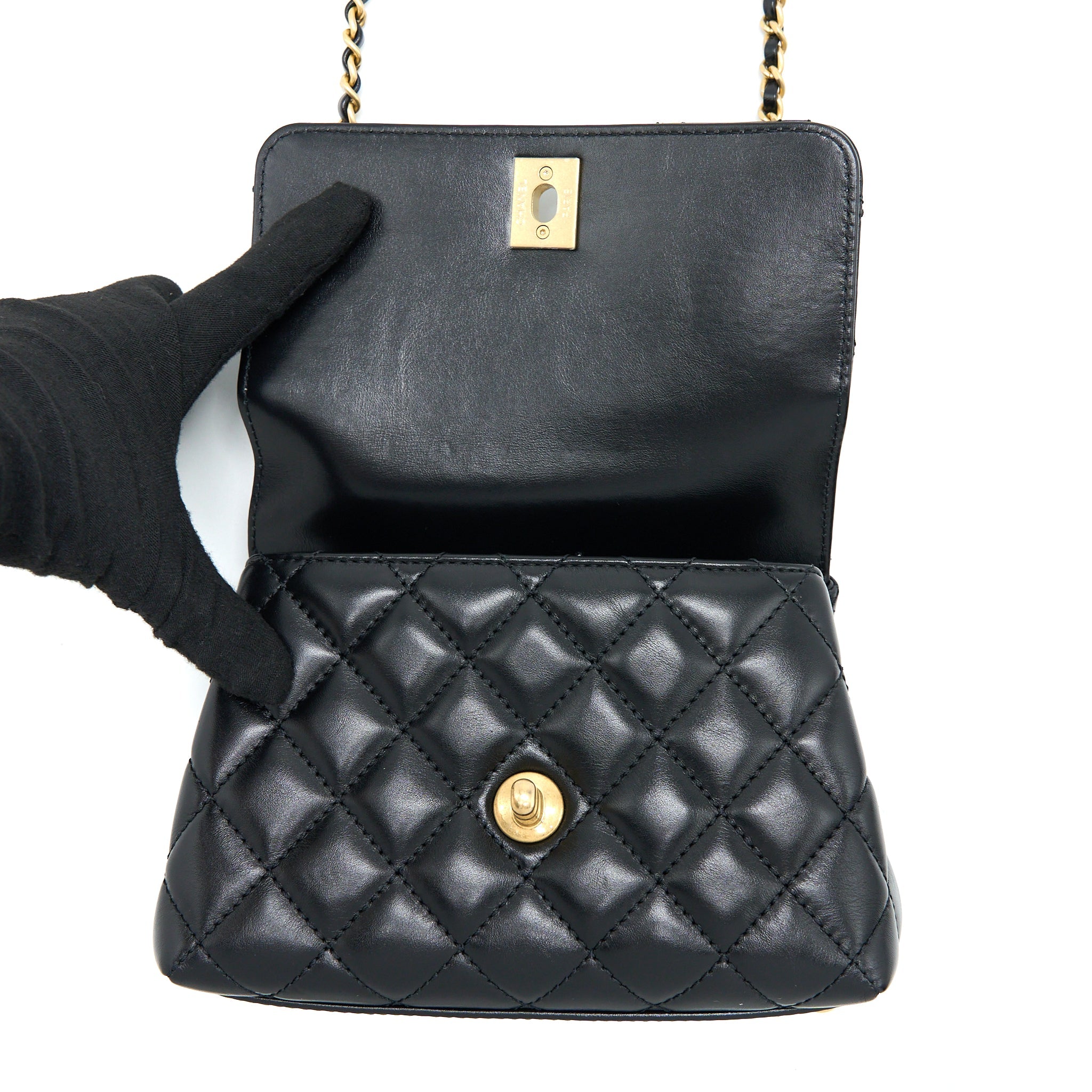 CHANEL 22A MINI COCO HANDLE WITH DETAILED LETTER HANDLE CALFSKIN BLACK BRUSHED GHW (MICROCHIP)