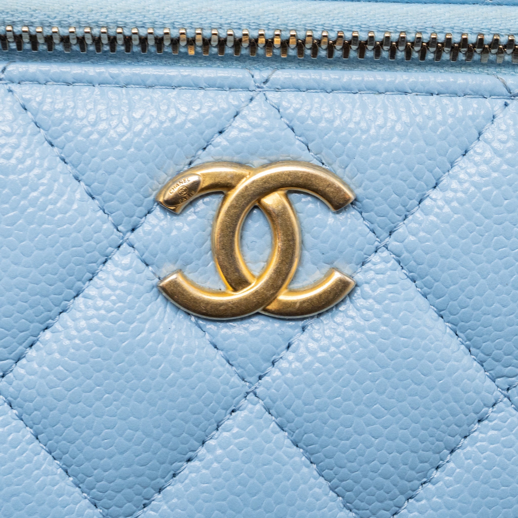 CHANEL DETAILED TOP HANDLE LONG VANITY WITH CHAIN CAVIAR LIGHT BLUE GHW