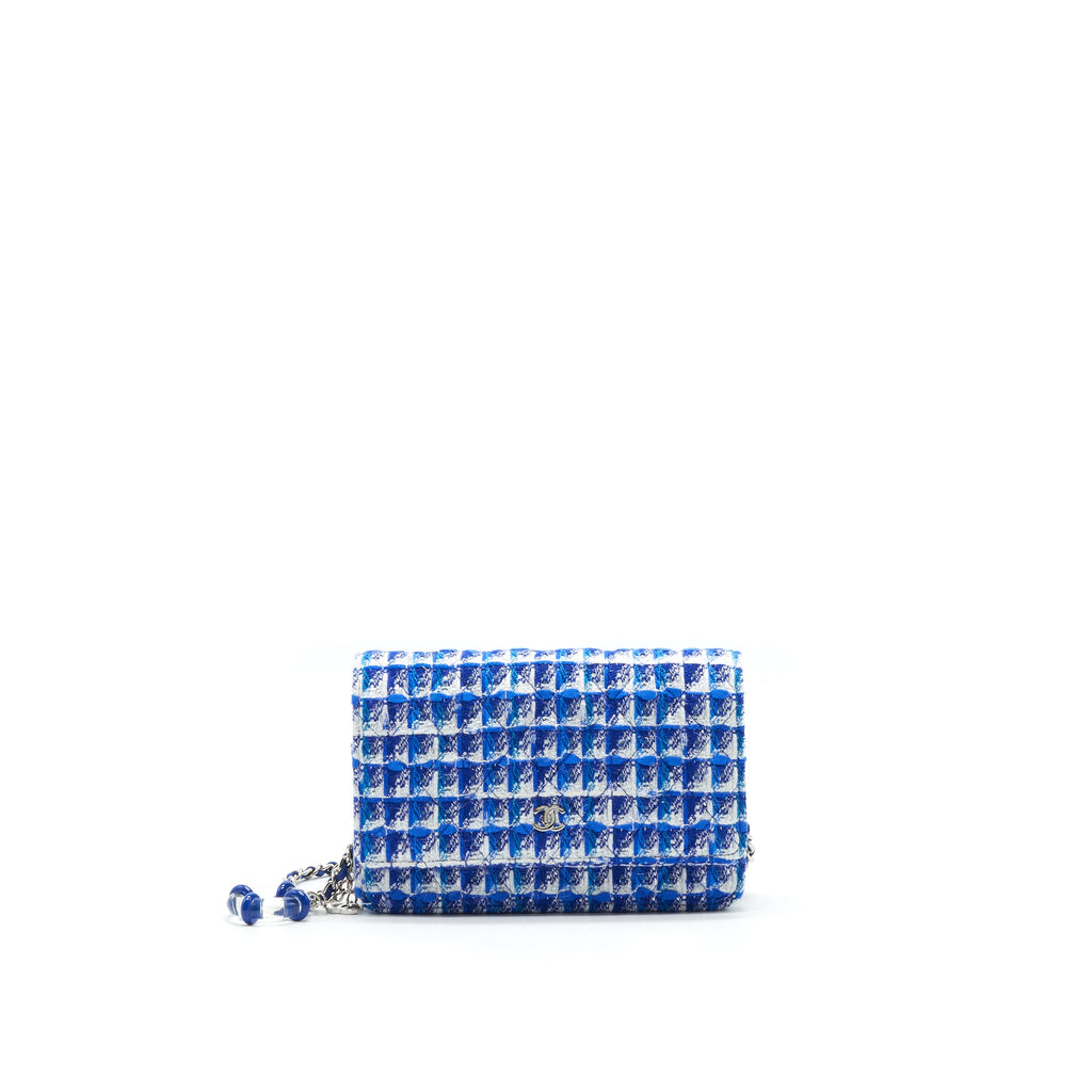 CHANEL TWEED QUILTED WALLET ON CHAIN WOC BLUE