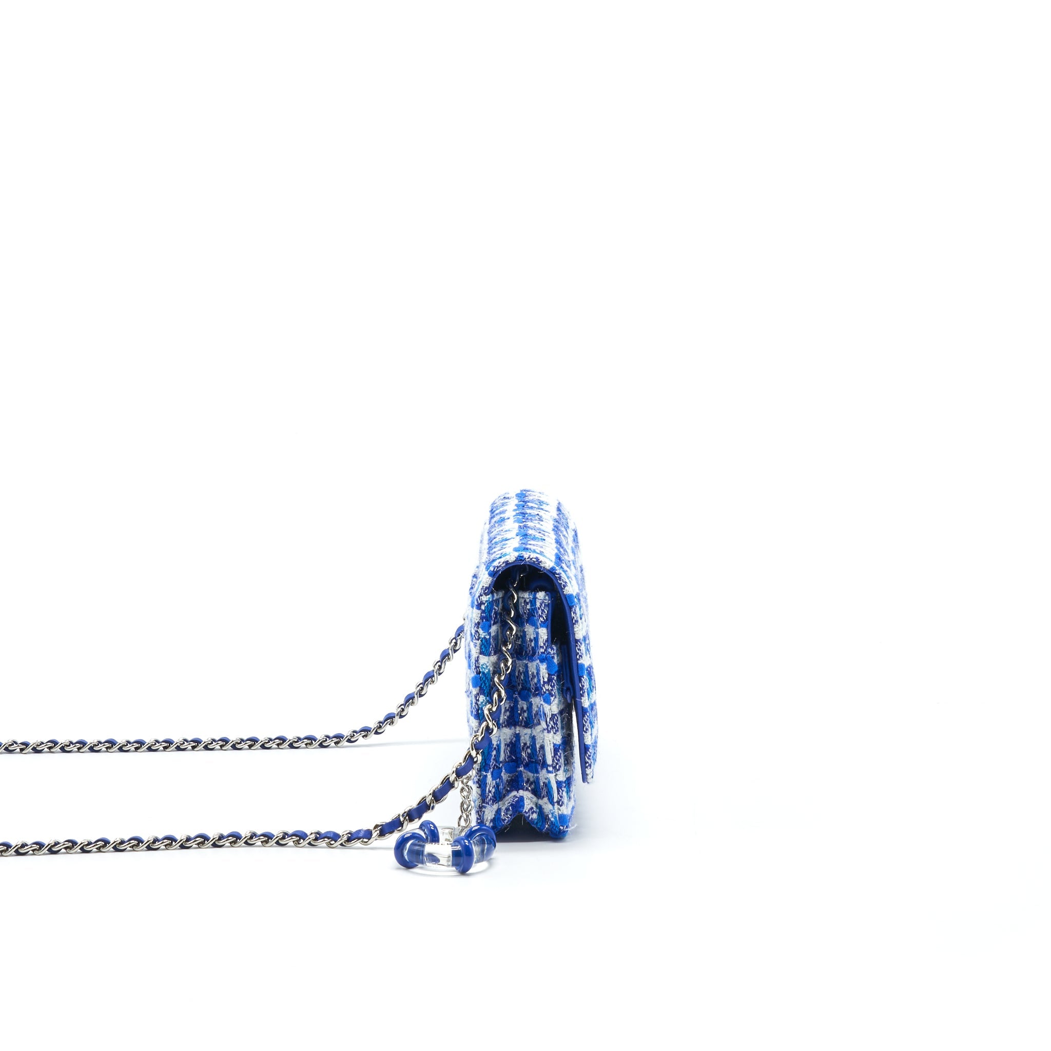 CHANEL TWEED QUILTED WALLET ON CHAIN WOC BLUE
