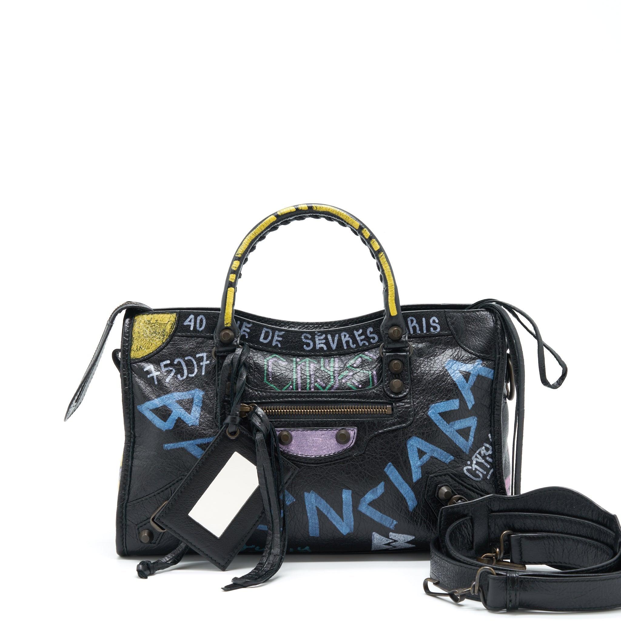 BALENCIAGA CITY BAG BLACK WITH MULTICOLOUR GRAFFITI RUTHENIUM HARDWARE
