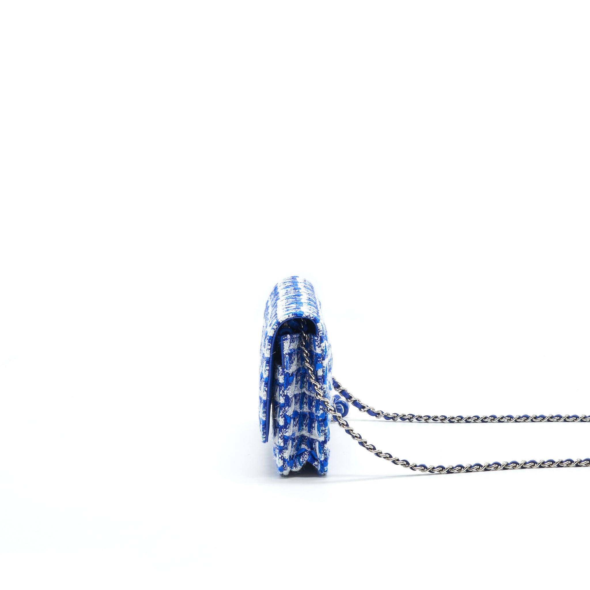 CHANEL TWEED QUILTED WALLET ON CHAIN WOC BLUE