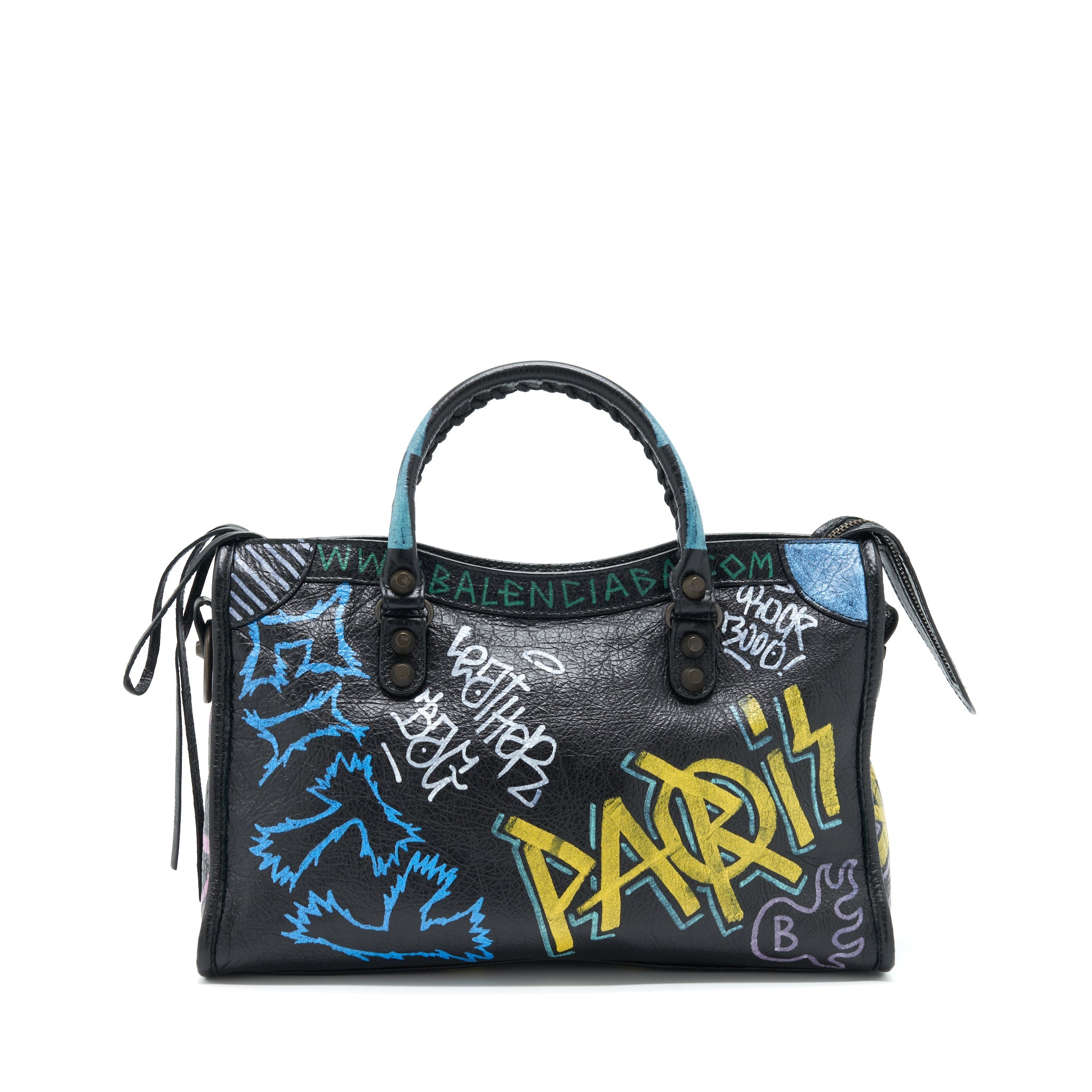 BALENCIAGA CITY BAG BLACK WITH MULTICOLOUR GRAFFITI RUTHENIUM HARDWARE