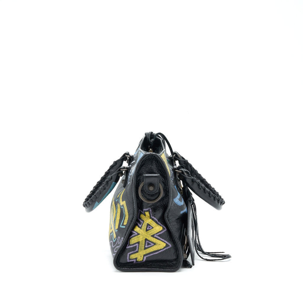 BALENCIAGA CITY BAG BLACK WITH MULTICOLOUR GRAFFITI RUTHENIUM HARDWARE