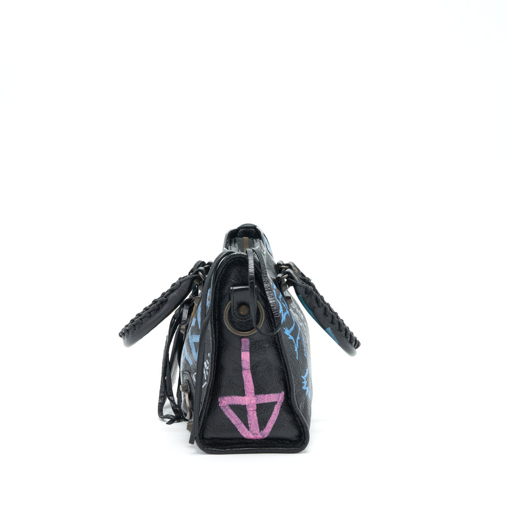 BALENCIAGA CITY BAG BLACK WITH MULTICOLOUR GRAFFITI RUTHENIUM HARDWARE