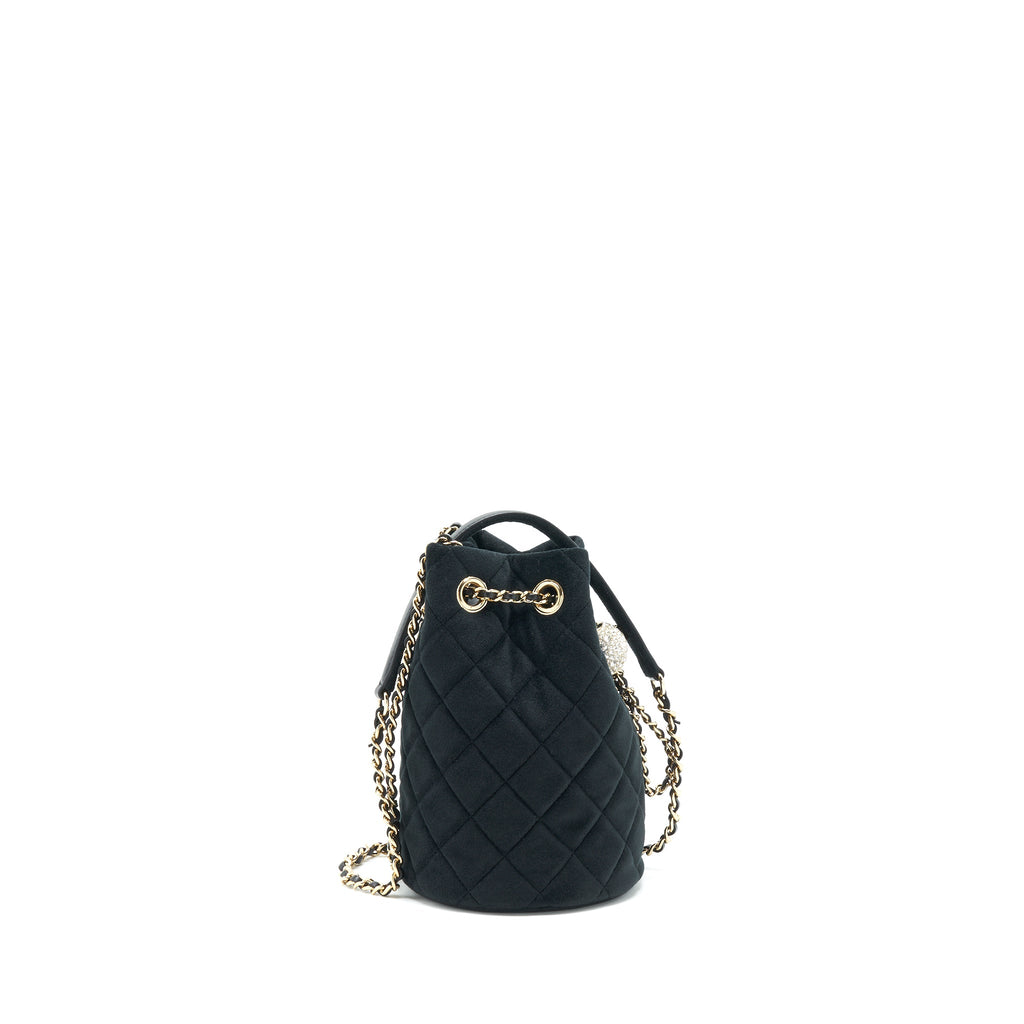 CHANEL PEARL CRUSH ON CHAIN MINI BUCKET VELVET BLACK LGHW