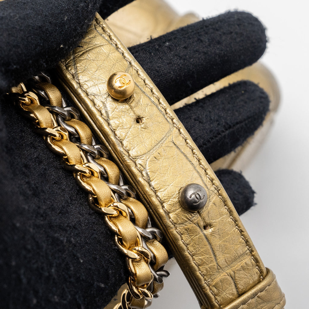 CHANEL SMALL GABRIELLE HOBO BAG WITH TOP HANDLE CROC-EMBOSSED CALFSKIN GOLD MULTICOLOUR HARDWARE