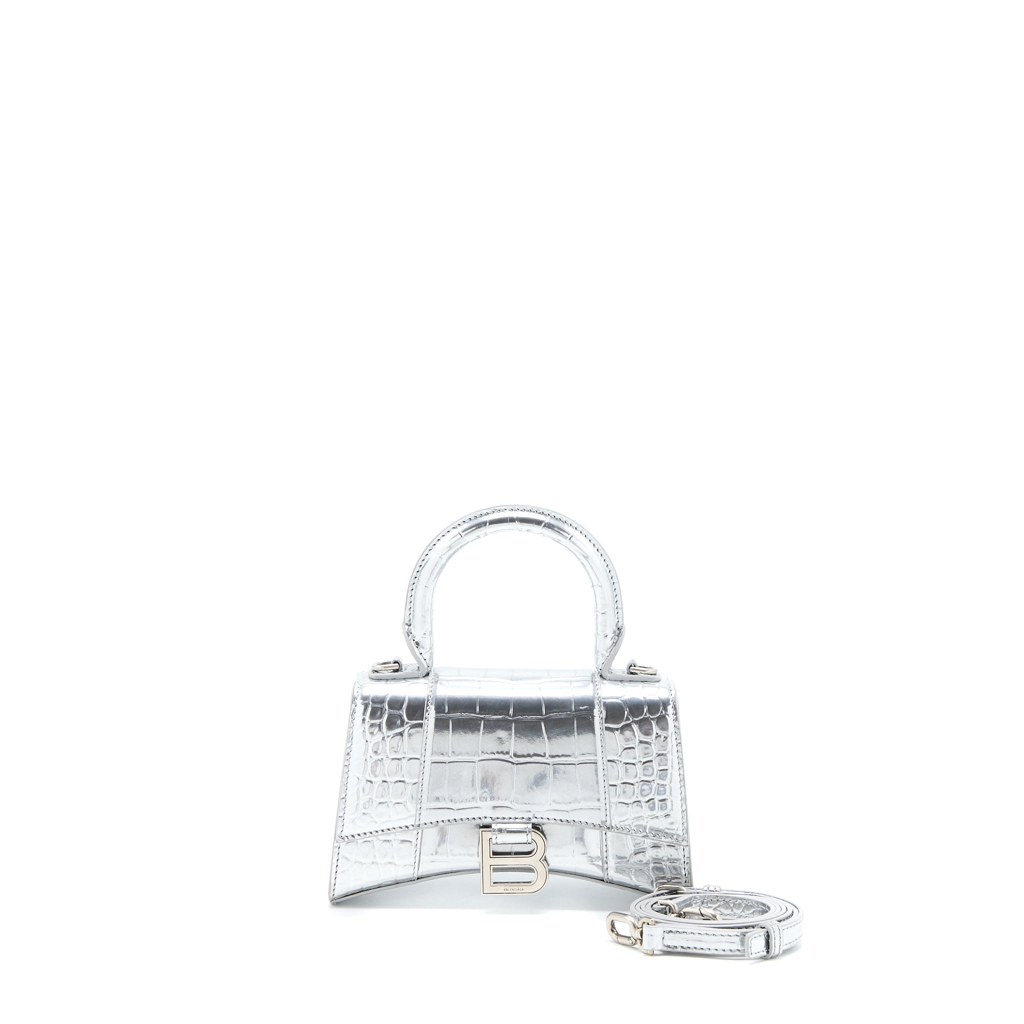 BALENCIAGA HOURGLASS XS EMBOSSED CALFSKIN SILVER SHW