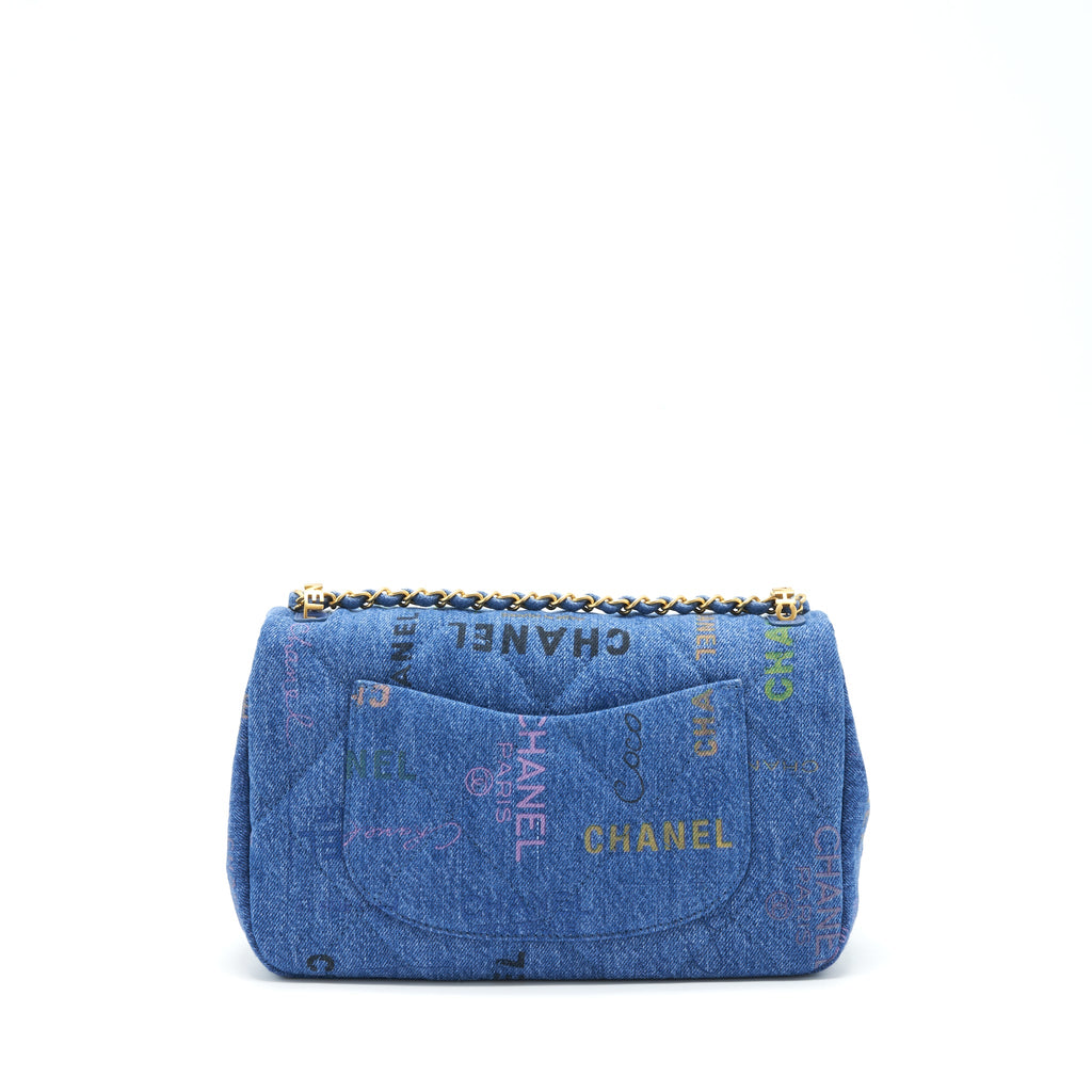 CHANEL 22P MULTICOLOR DENIM LOGO FLAP BAG 28CM BLUE GHW (MICROCHIP)
